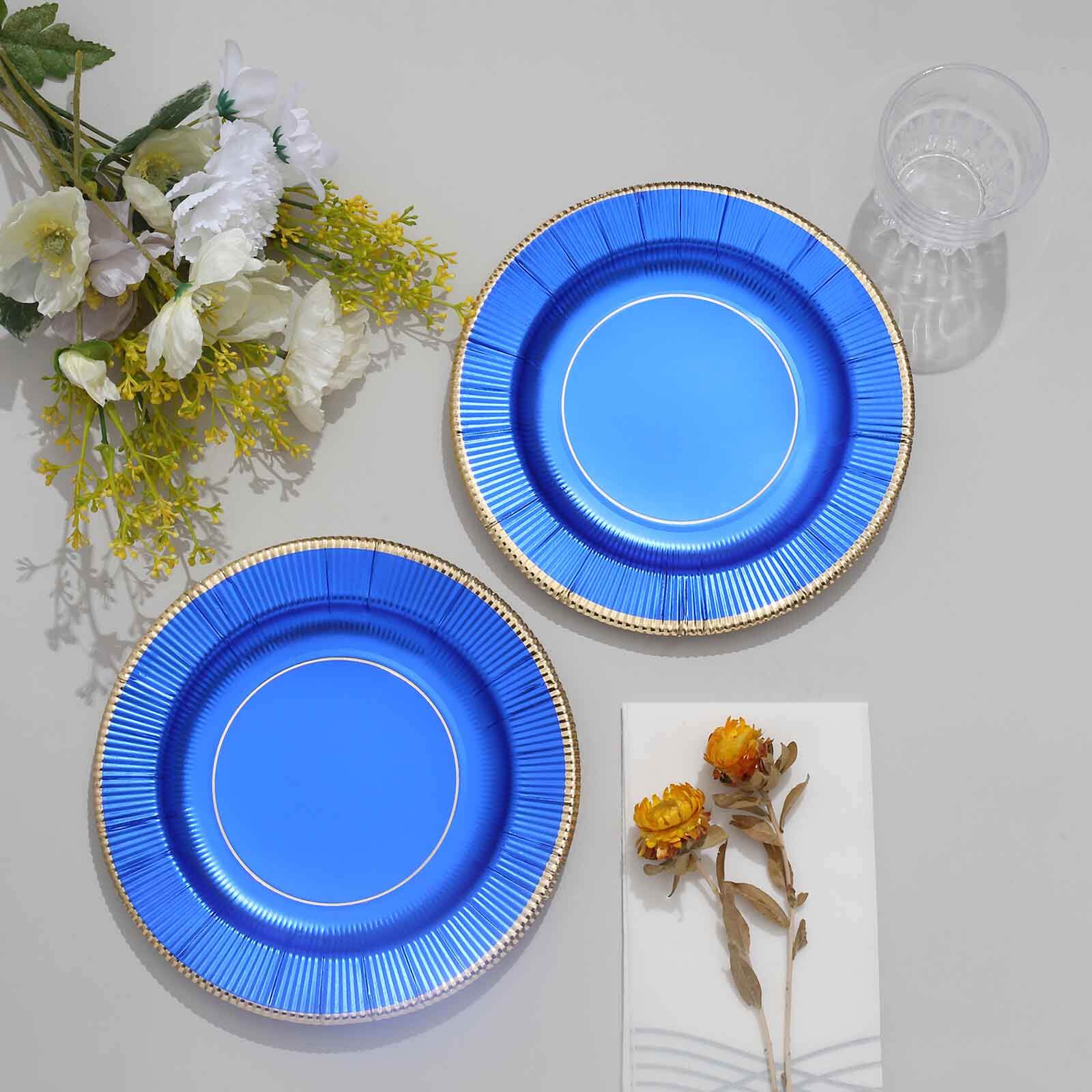 25-Pack Paper 8 Round Dessert Plates in Royal Blue Sunray Design with Gold Rim - Disposable Heavy Duty 350GSM Appetizer Salad Plates