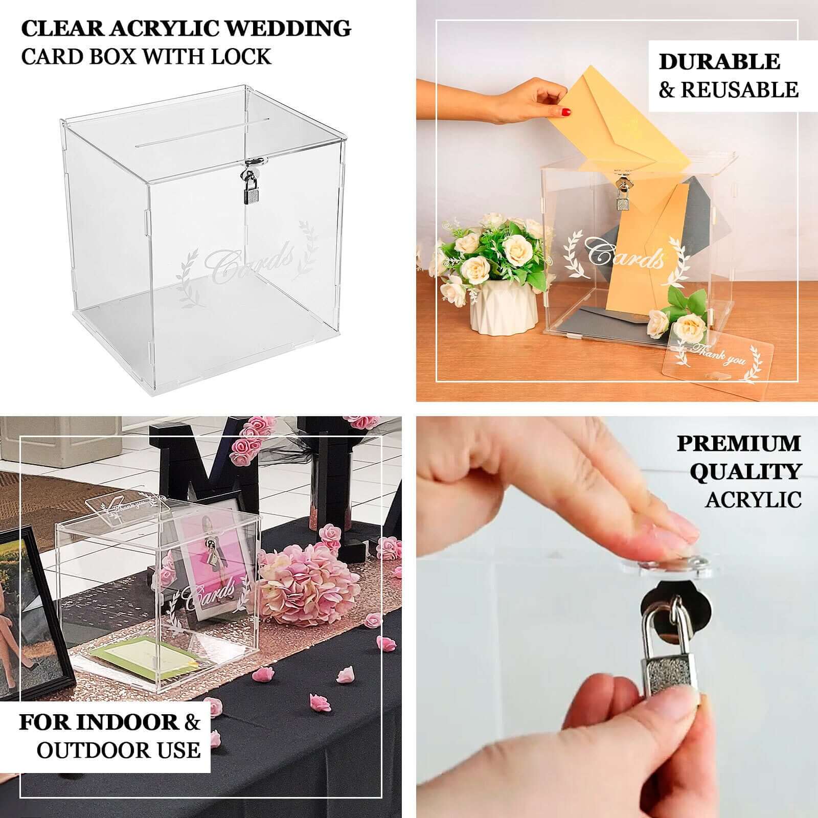 Clear Acrylic Wedding Card Box With Lock, Key & Thank You Sign Stand, Reception Party Money Gift Card Box