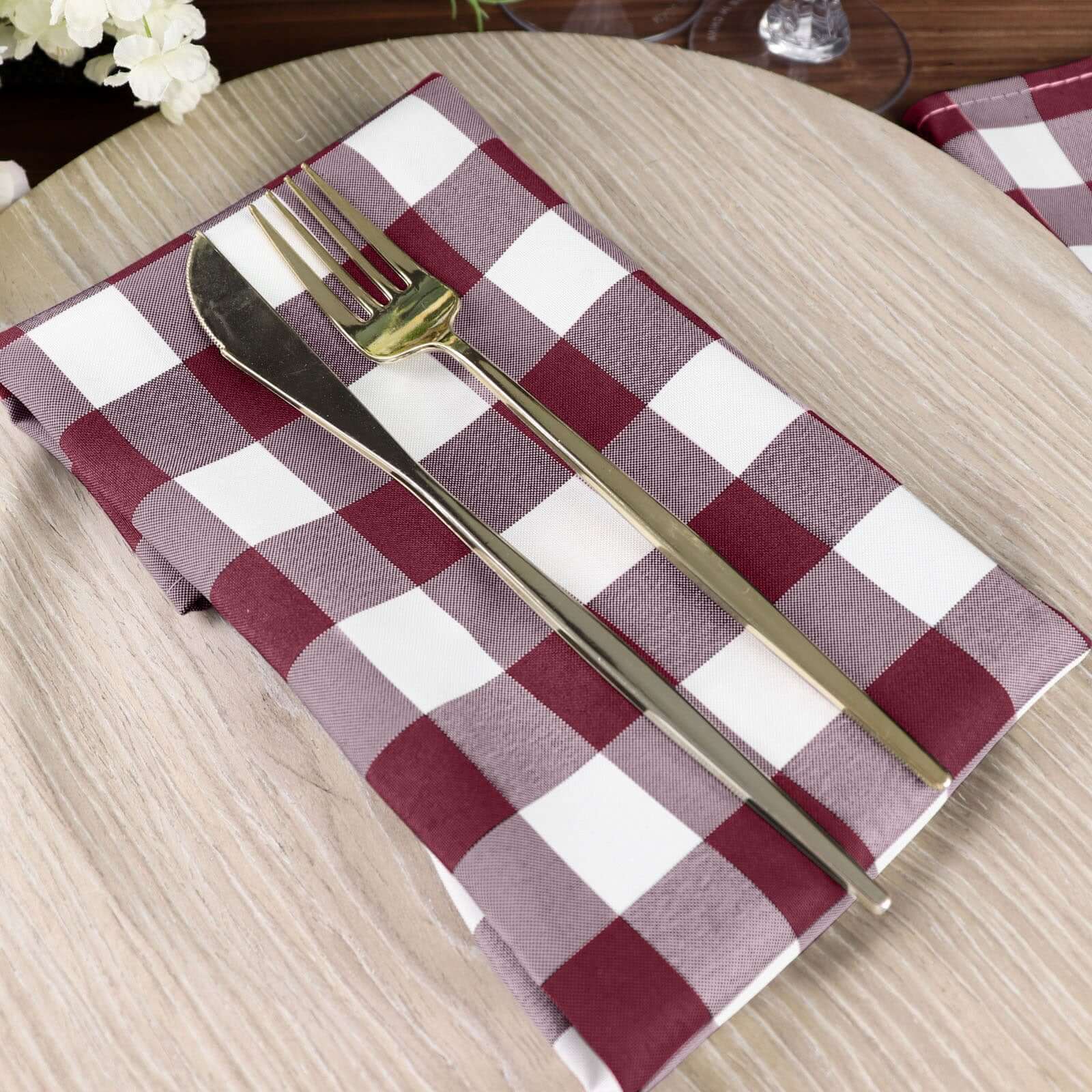 5 Pack Polyester 15x15 Napkins Burgundy/White Buffalo Plaid Gingham Style Cloth Napkins