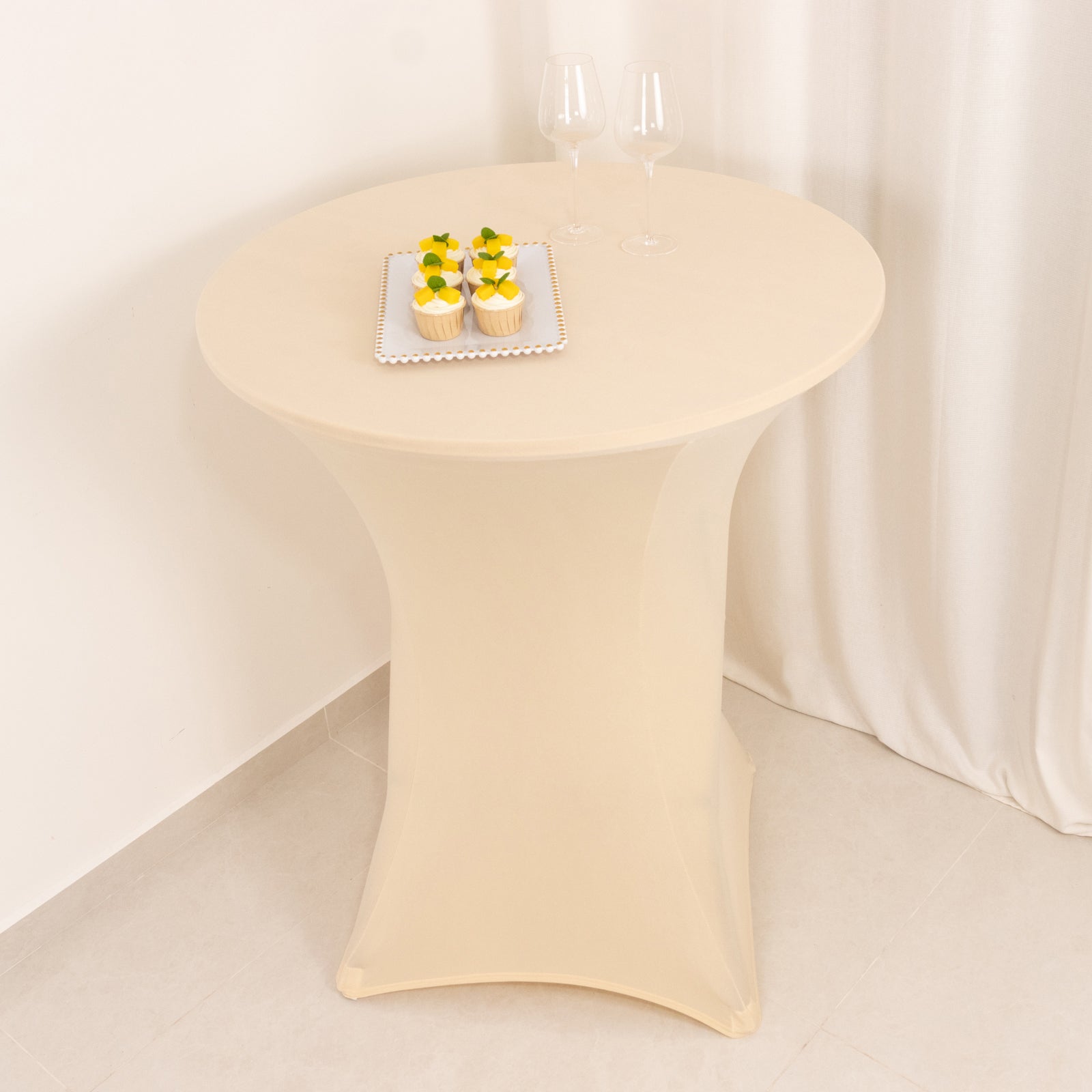 Spandex 33-36 Round Cocktail Table Cover Beige - Easy to Maintain Stretch Fitted Highboy Tablecloth