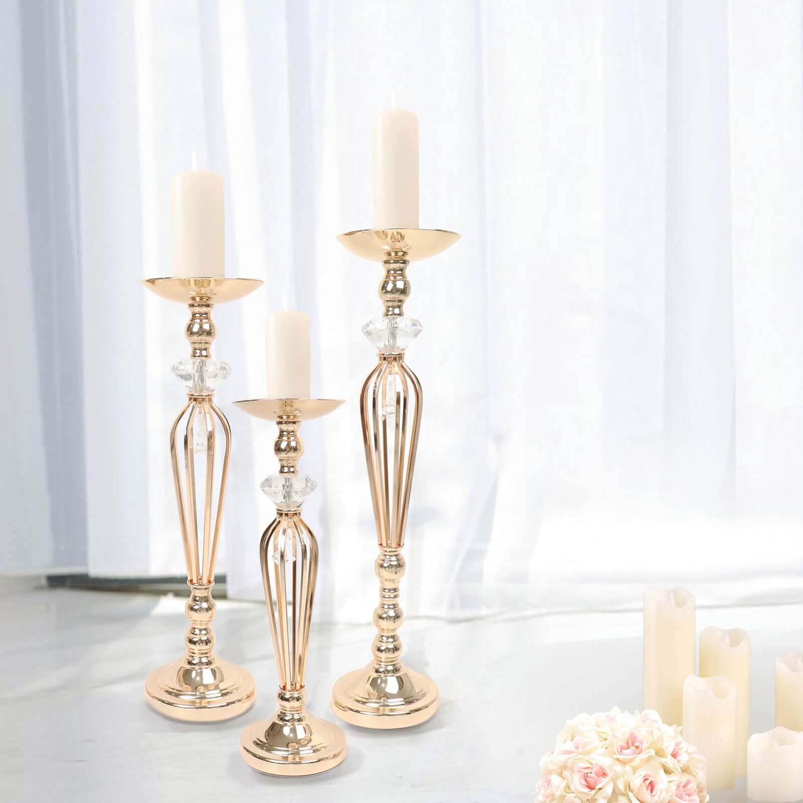 Set of 3 Metal Pedestal Stands with Crystal Ball Flower Bowl Design Gold - Pillar Candle Holders 20, 23, 25