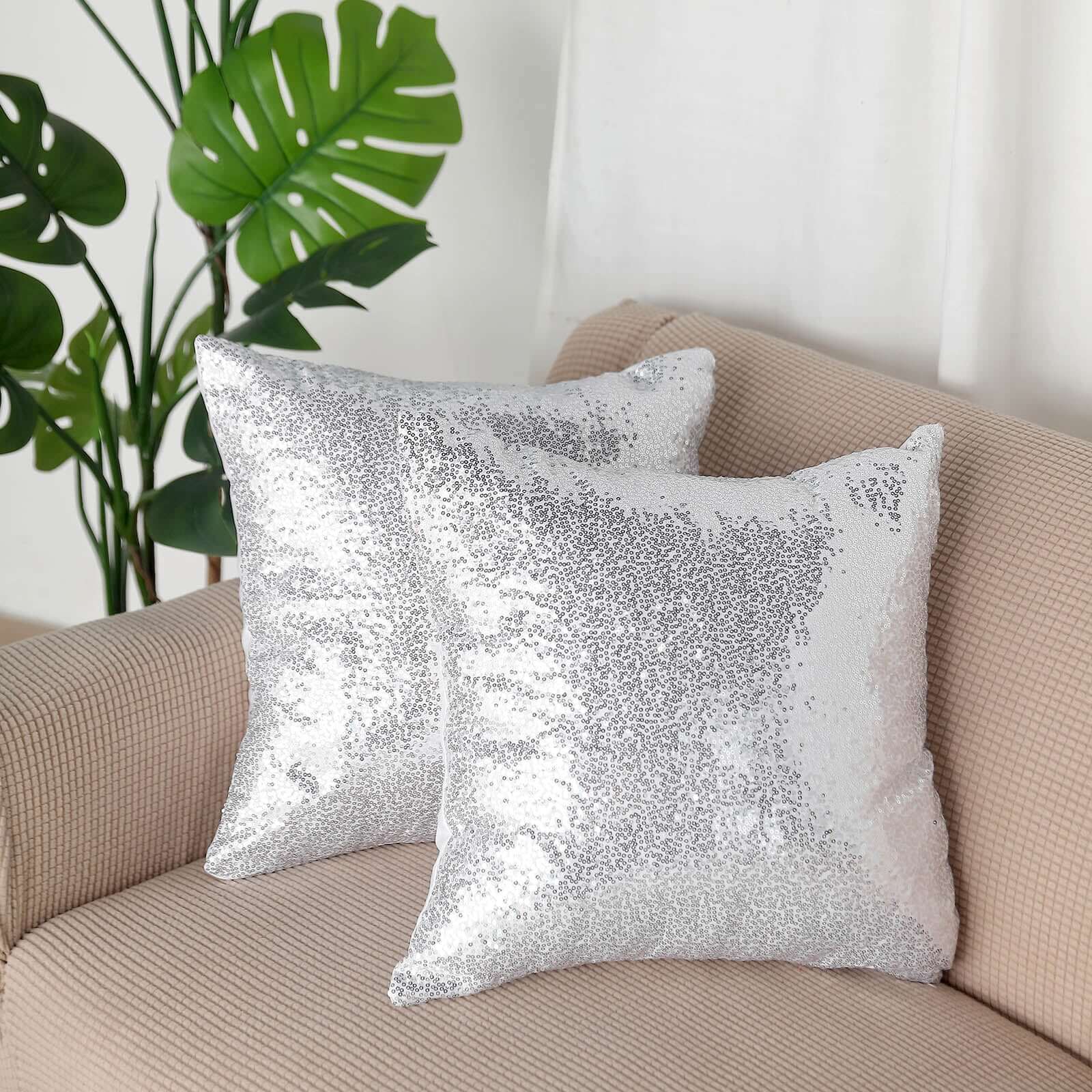 2 Pack 18 Silver Sequin Decorative Square Throw Pillow Cover