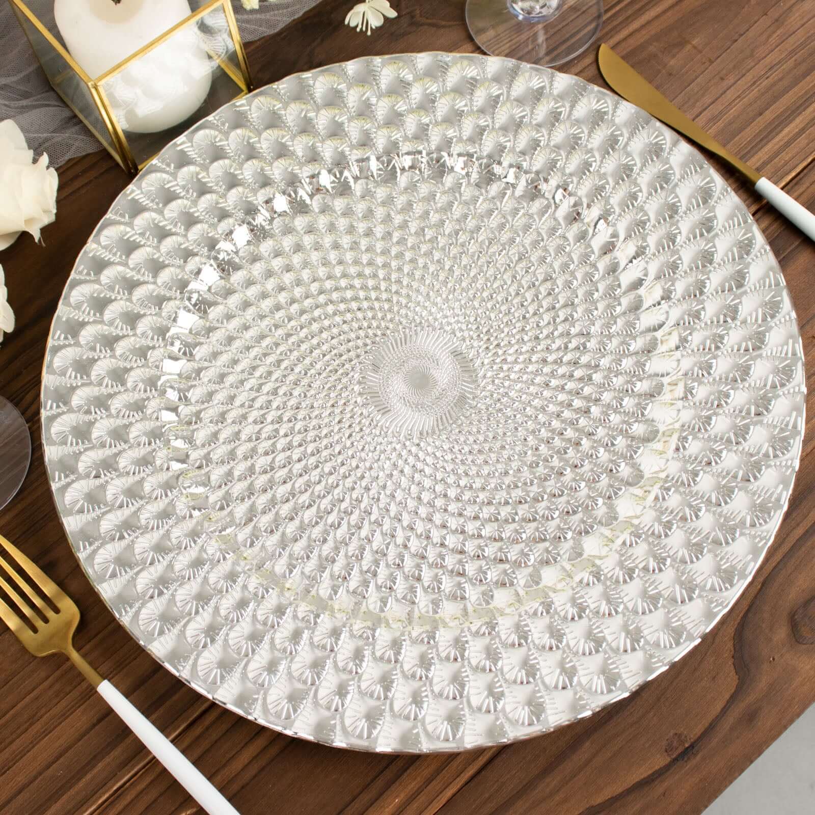 6-Pack Plastic Round Charger Plates 13 in Silver with Peacock Pattern, Exquisite Decorative Dinner Party Charger Tableware