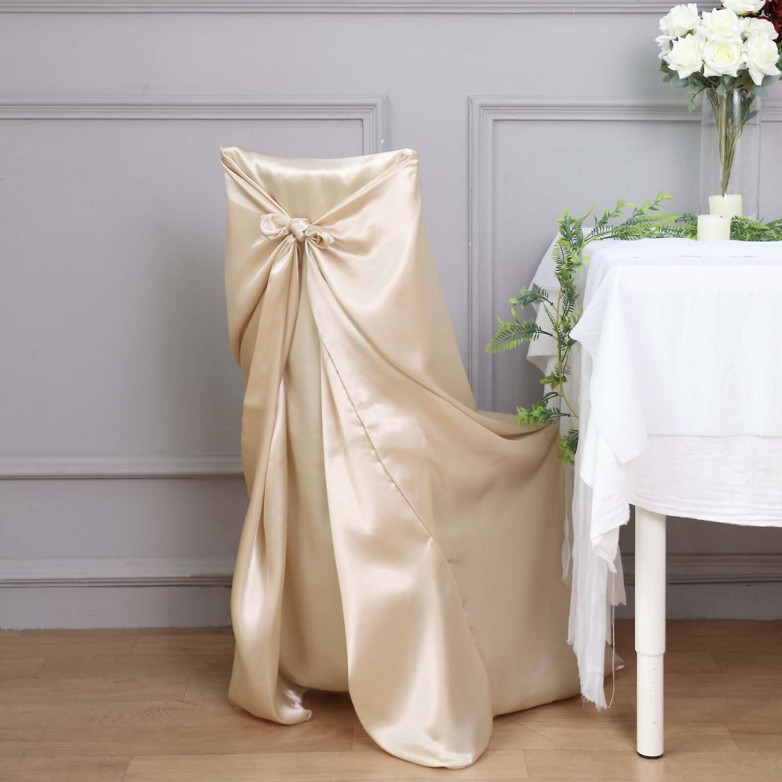 Satin Chair Cover Self-Tie Universal Design Beige - Durable Slip-On Cover for Folding, Dining, Banquet & Standard Chairs