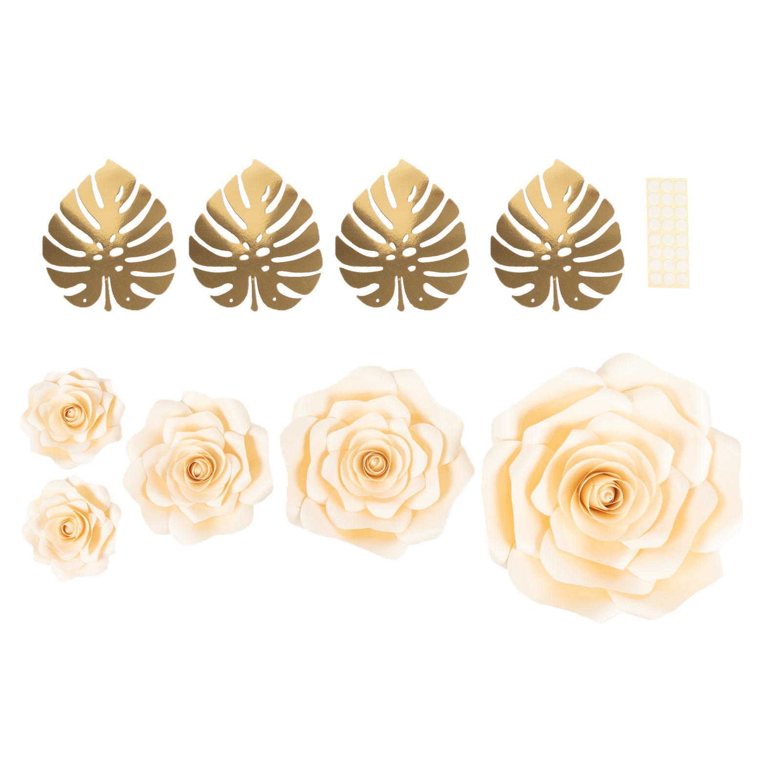 Set of 9 Ivory 3D Rose Paper Flowers with Gold Tropical Palm Leaves, Party Flower Backdrop Hanging Wall Decor