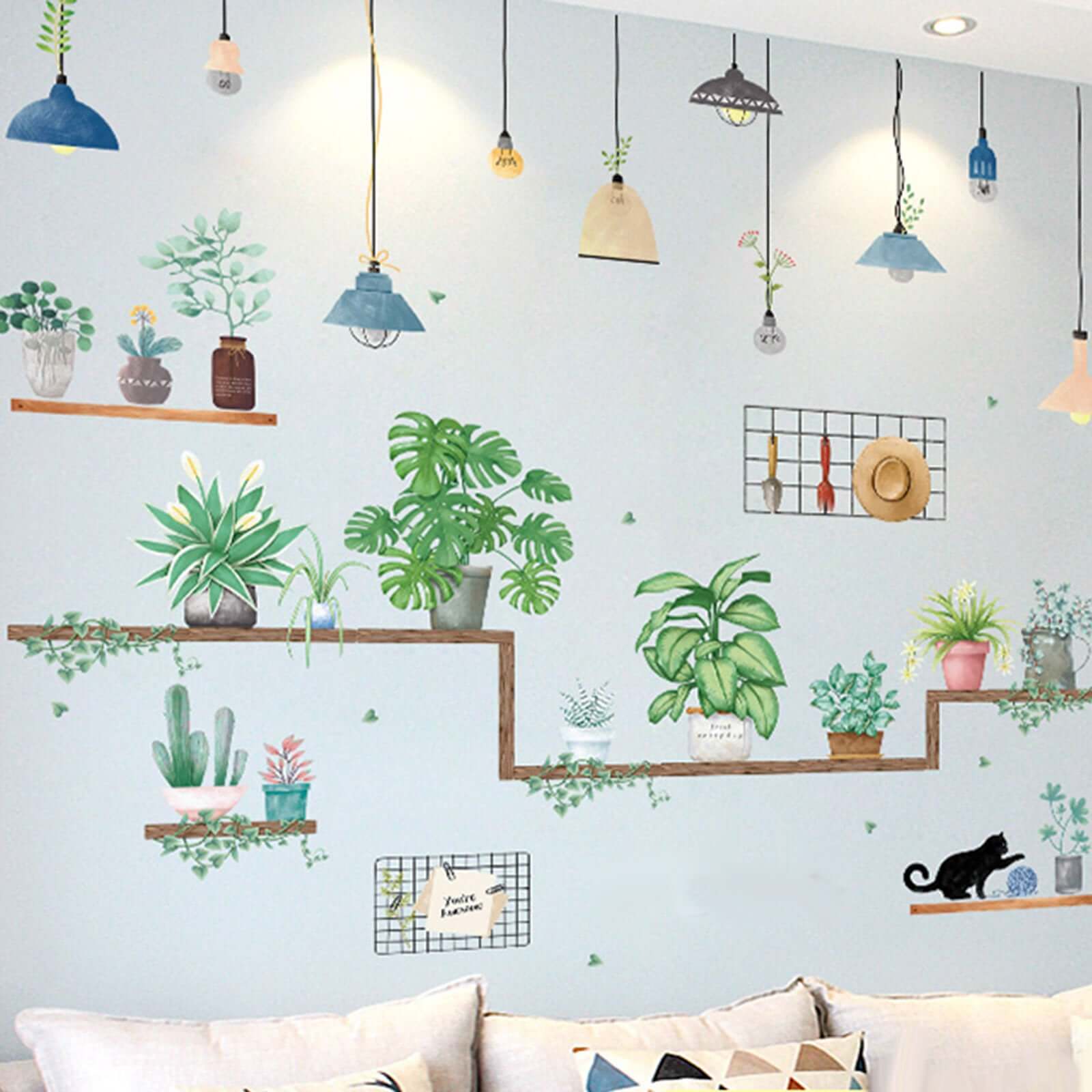 Green Potted Plants on Shelves Wall Decals, Tropical Art Decor Stickers