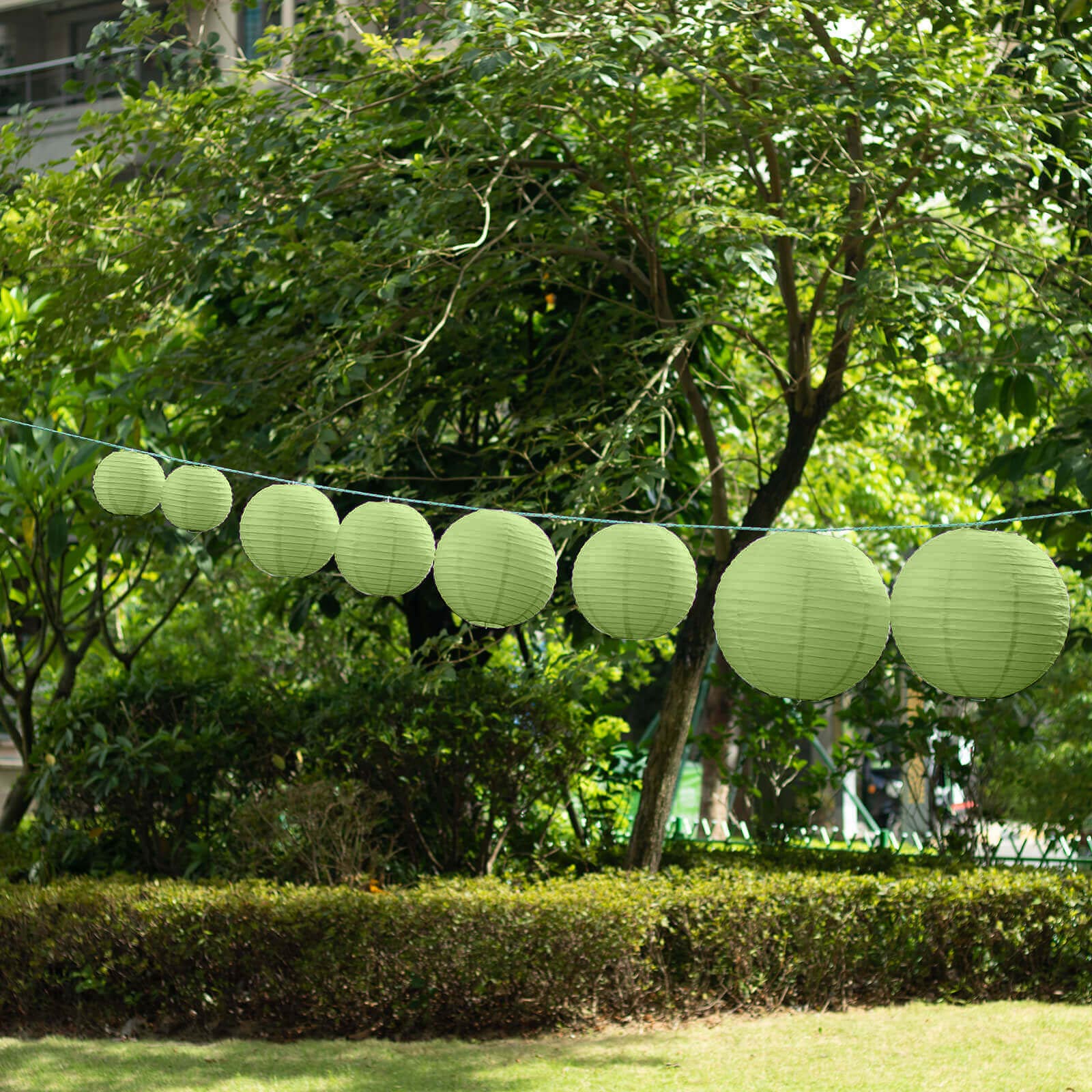 Set of 8 Sage Green Hanging Paper Lanterns, Decorative Round Chinese Sky Lanterns, Assorted Sizes  - 6,8,10,14