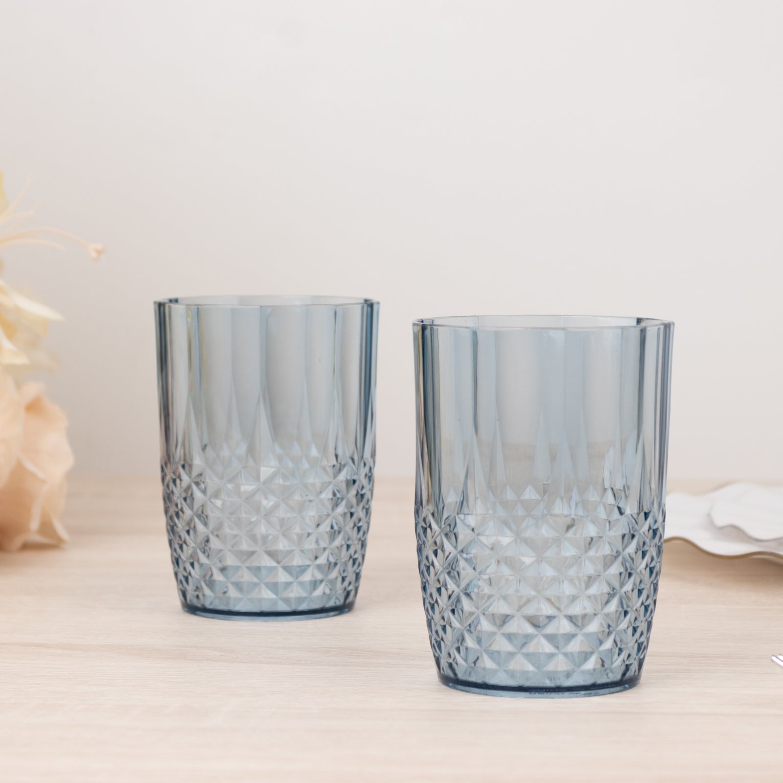 6-Pack Plastic Short Tumblers Dusty Blue Transparent Crystal Cut Style - Reusable All-Purpose Glasses 16oz