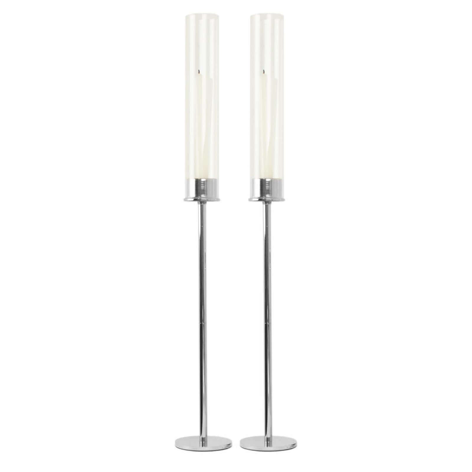 2-Pack Silver Metal Taper Candlestick Holders, Clear Glass Hurricane Candle Stands With Chimney Candle Shades 24