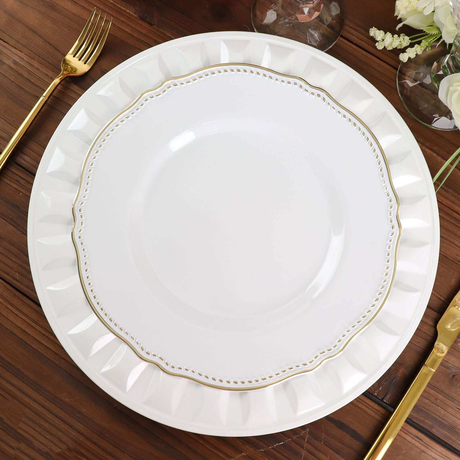 6-Pack Plastic Round Charger Plates 13 in White with Bejeweled Rim, Luxe Decorative Dinner Party Charger Tableware