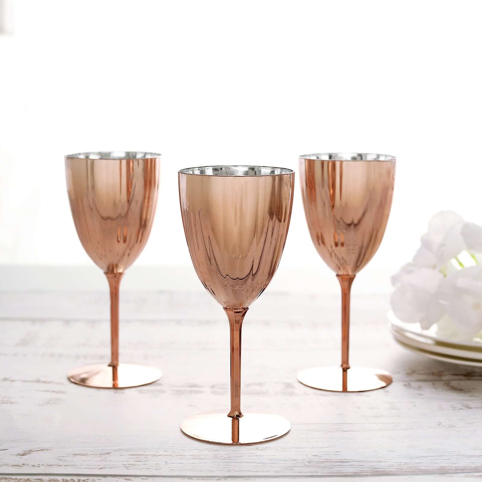 6-Pack Plastic Wine Glasses in Metallic Rose Gold - Classy Disposable Goblets for Parties, Receptions & Banquets 8oz