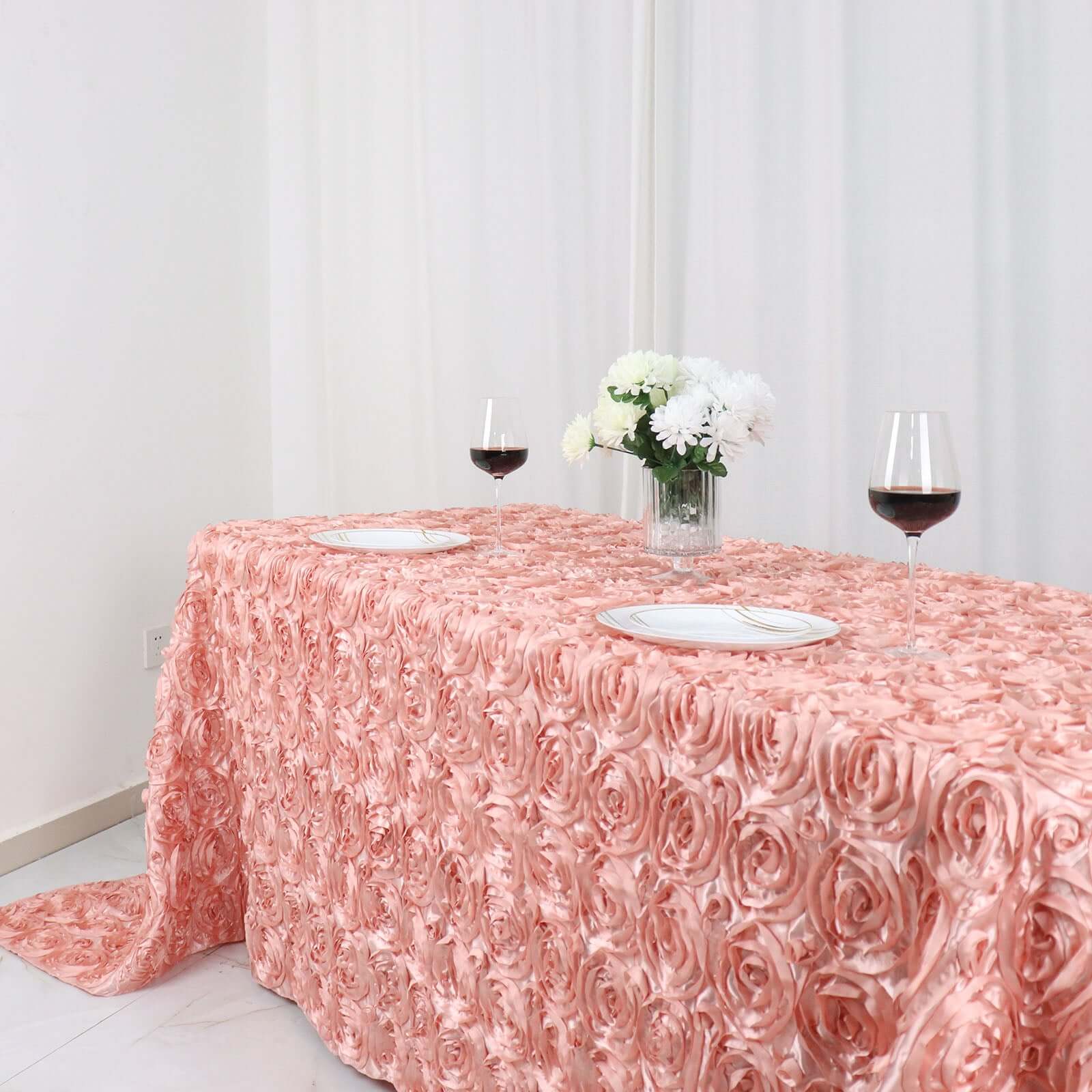 Satin 90x132 Rectangle Tablecloth Dusty Rose - Grandiose 3D Rosette Seamless Table Cover