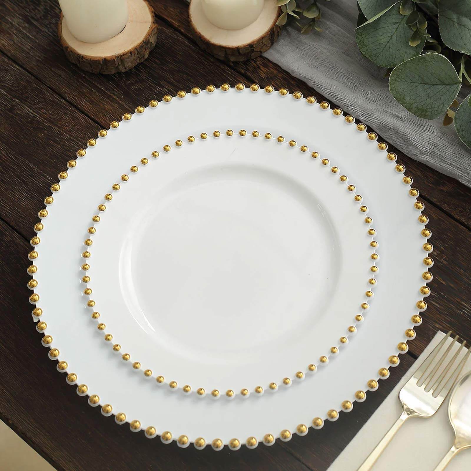 10-Pack Plastic 8 Round Appetizer Dessert Plates in White with Gold Beaded Rim - Disposable Salad Plates for Banquets & Festive Occasions