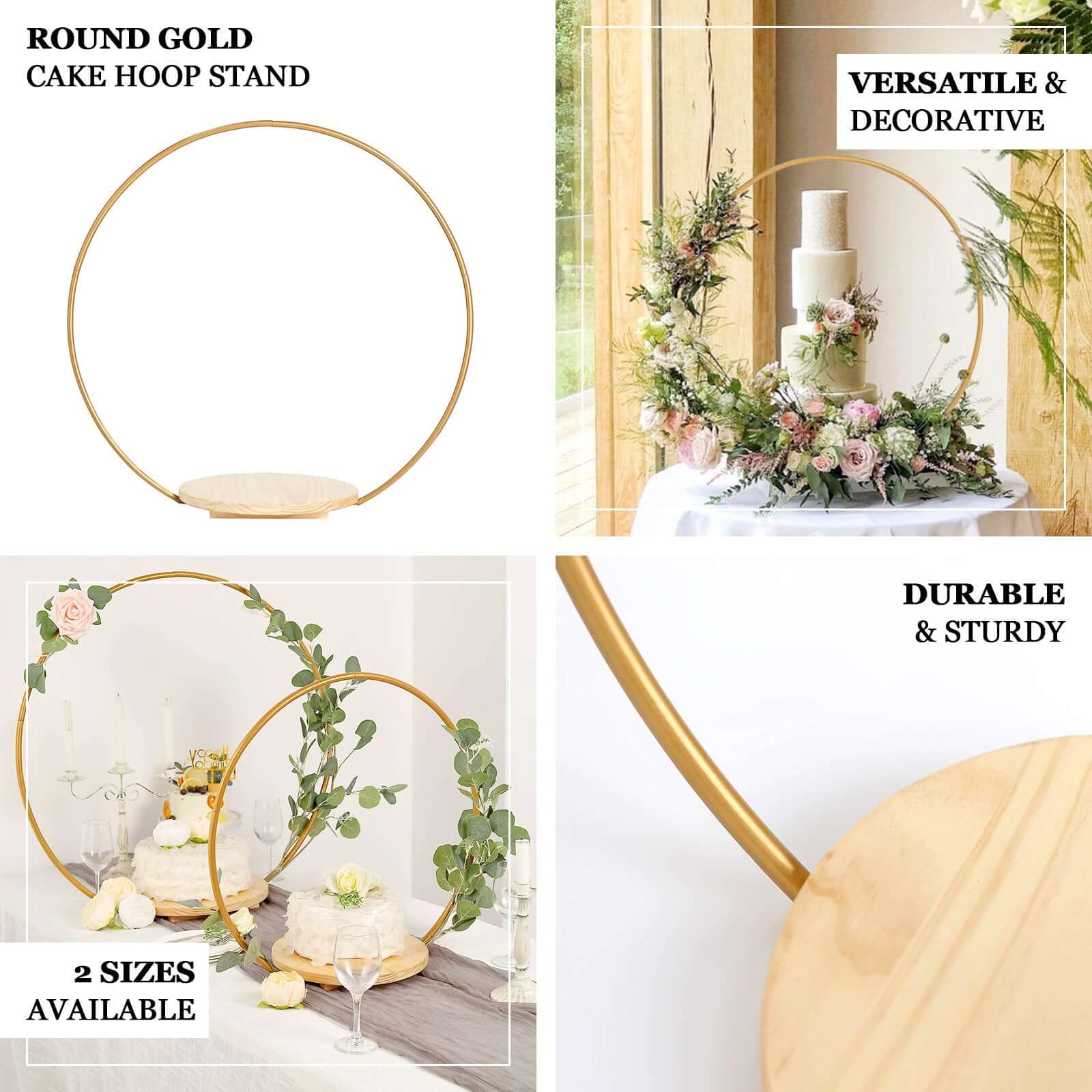 Metal Round Floral Hoop Cake Stand Gold - Chic Geometric Dessert Display DIY Centerpiece Table Decoration With Wooden Base 20
