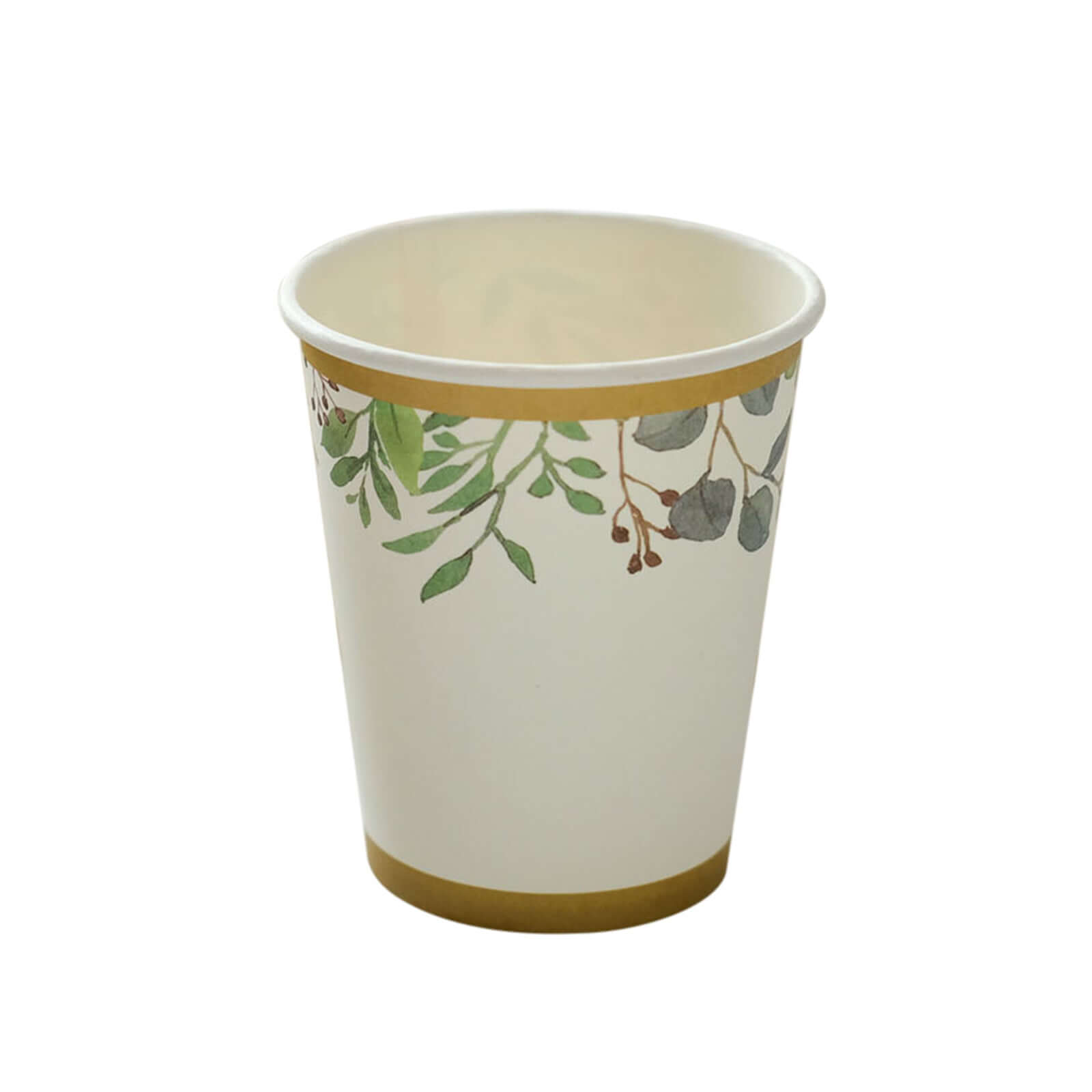 24 Pack 9oz White Tropical Greenery Gold Trim Party Paper Cups, Eucalyptus Disposable Cups With Gold Rim - 250 GSM