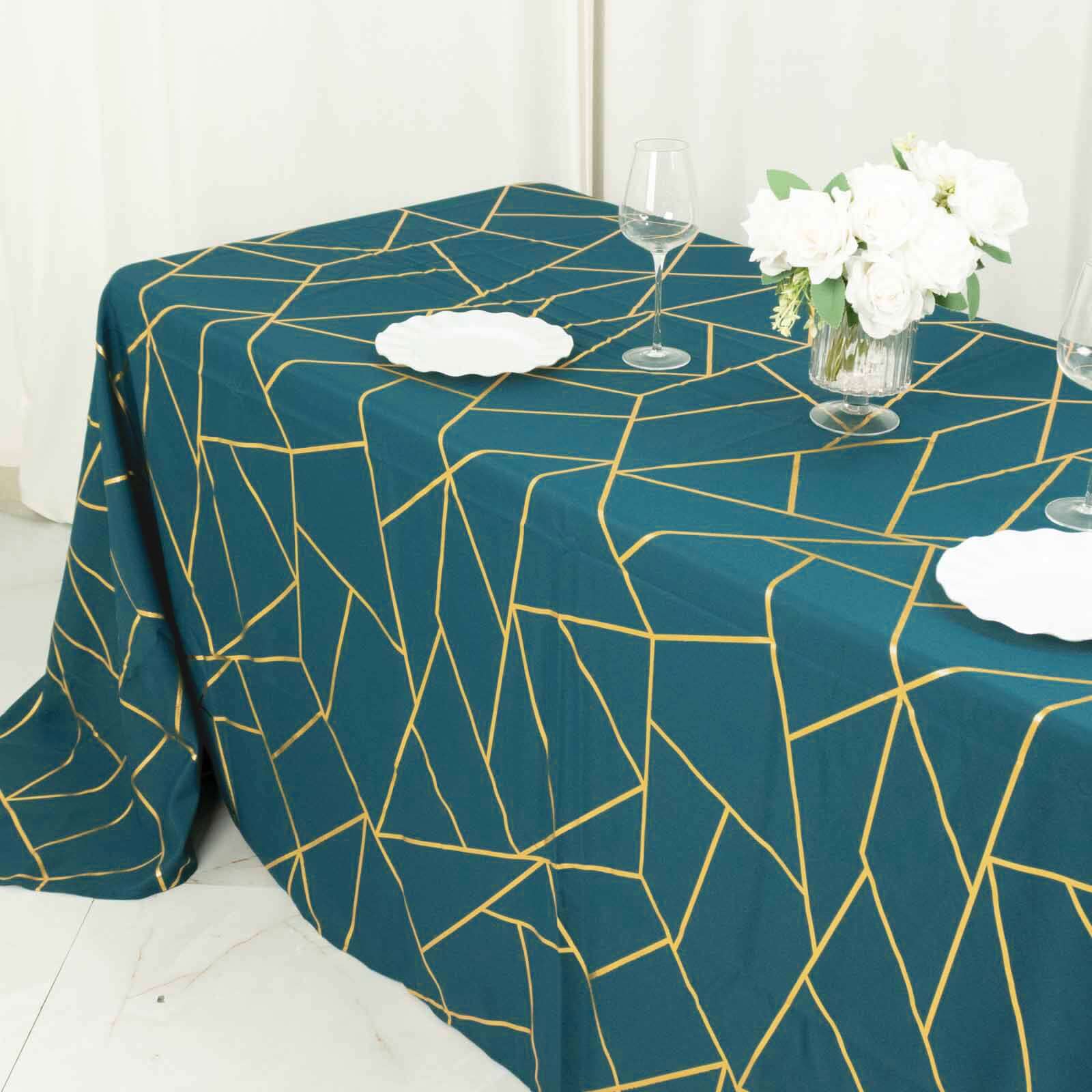 90x132 Peacock Teal Seamless Rectangle Polyester Tablecloth With Gold Foil Geometric Pattern for 6 Foot Table With Floor-Length Drop