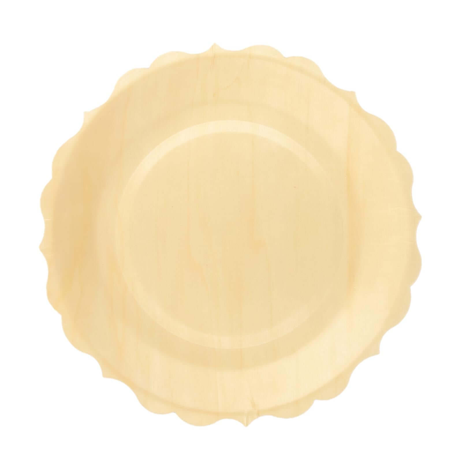 12-Pack Birchwood 9 Round Dinner Plates in Natural with Scalloped Rim - Eco Friendly Wooden Disposable Plates for Farmhouse-Style Events, Parties & Gatherings