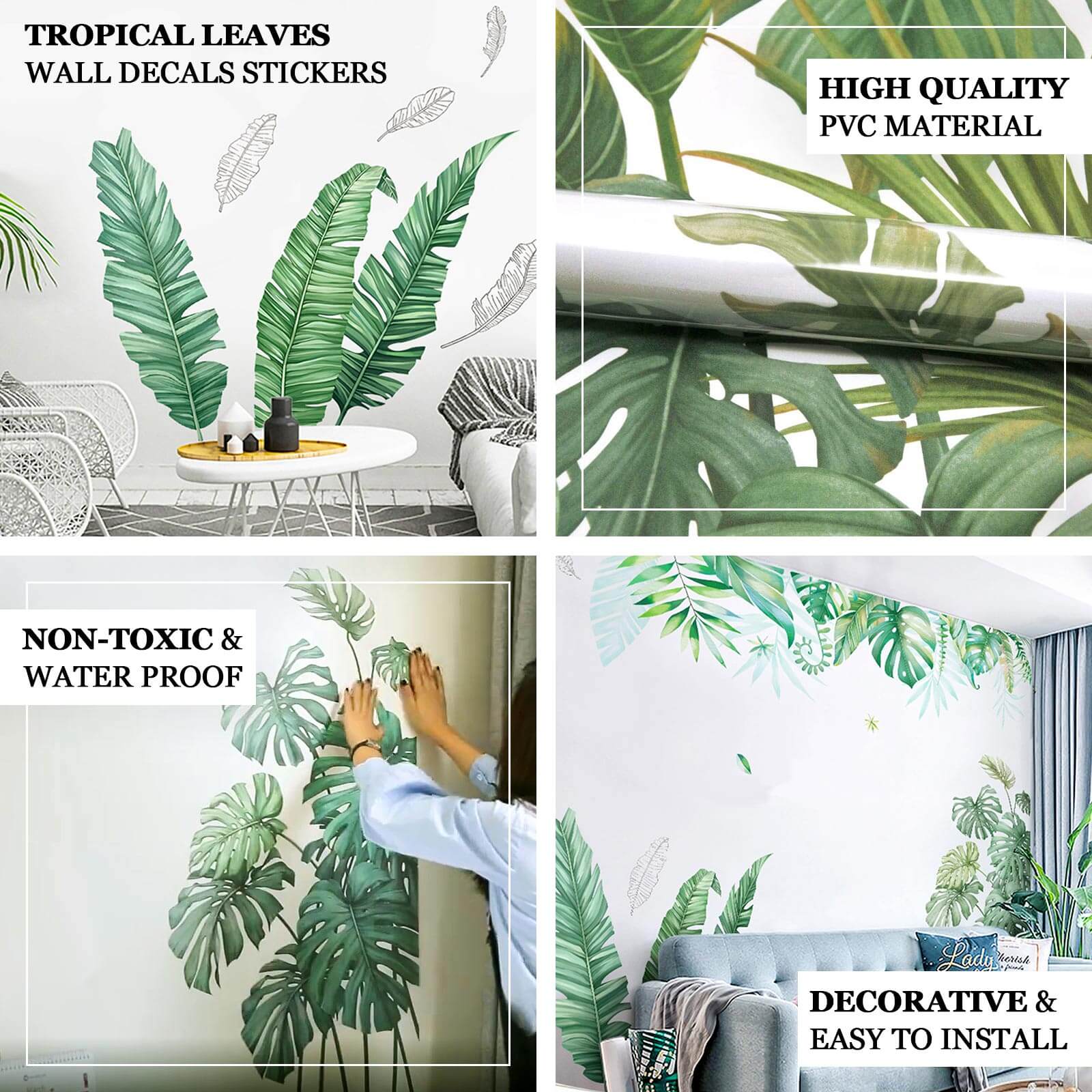 Green Tropical Palm Leaves Wall Decals, Plant Peel Removable Stickers