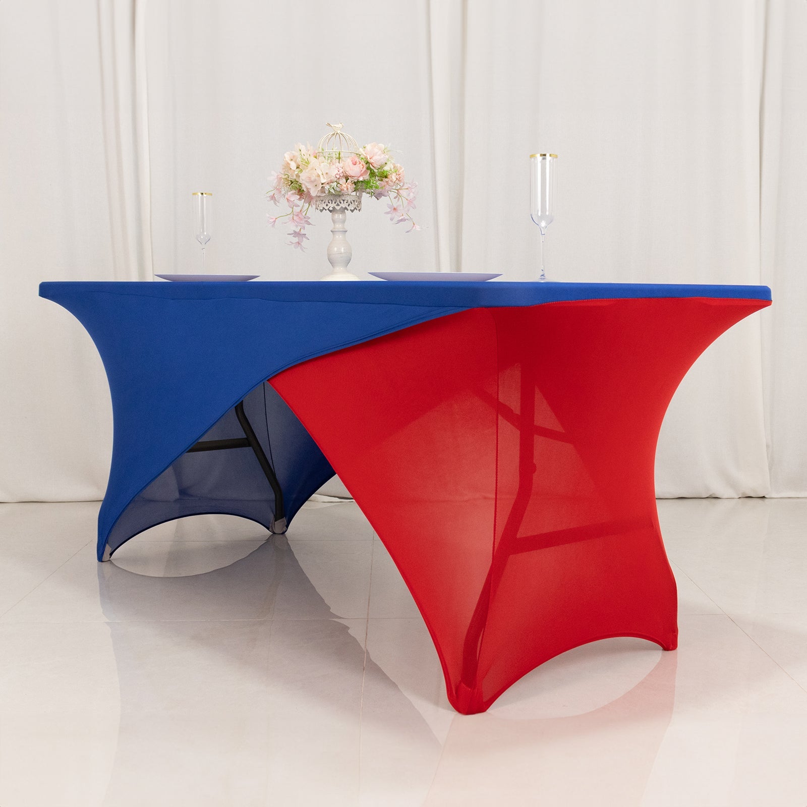 Stretch Spandex 72x30 Rectangle Table Cover Royal Blue/Red Cross Over Design - Two-Piece Fitted Tablecloth with Elastic Foot Pockets