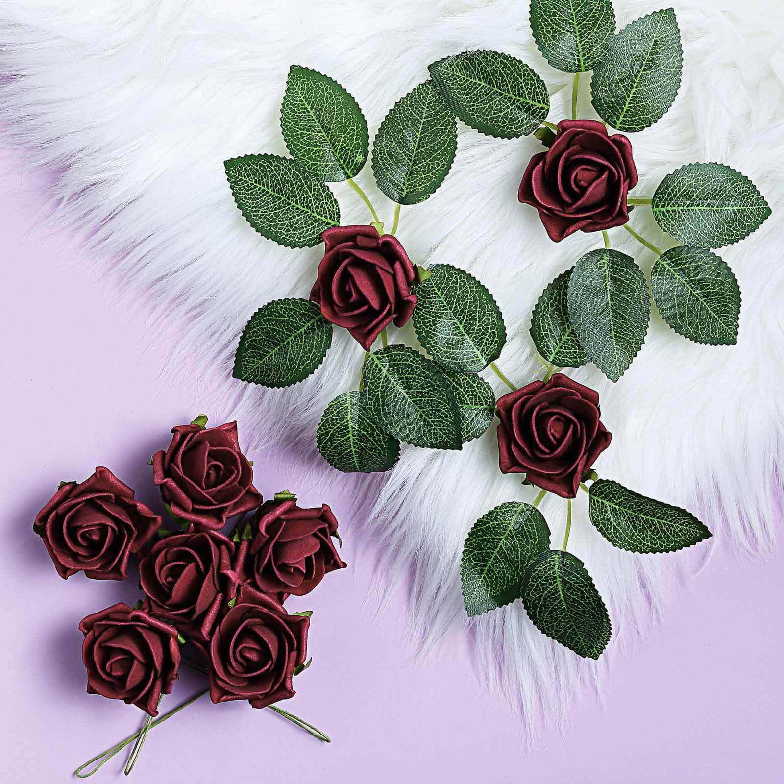 24 Roses 2 Burgundy Artificial Foam Flowers With Stem Wire and Leaves