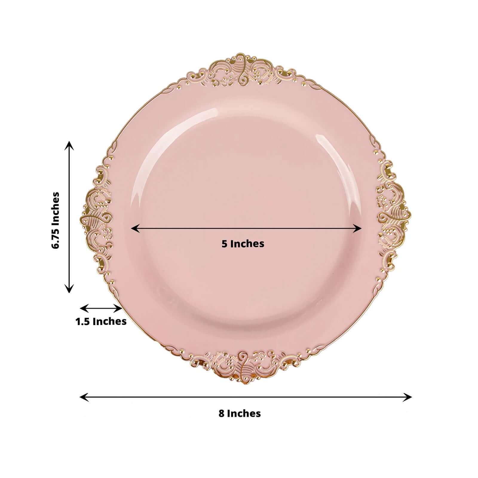 10-Pack Plastic 8 Round Dessert Plates in Blush with Gold Leaf Embossed Rim - Disposable Vintage Baroque Style Salad Plates