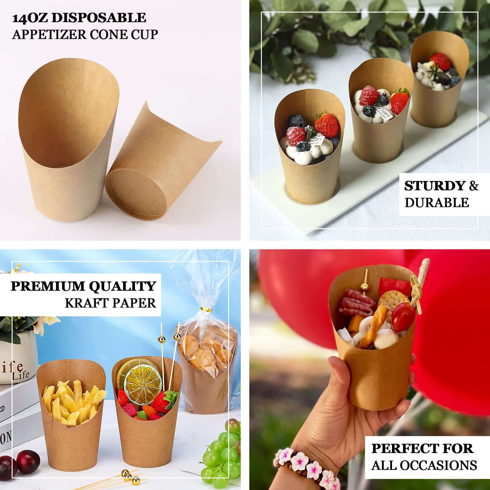 50-Pack Paper Popcorn Box Snack Cups Cone Design Natural Brown - Great for Appetizers 14oz