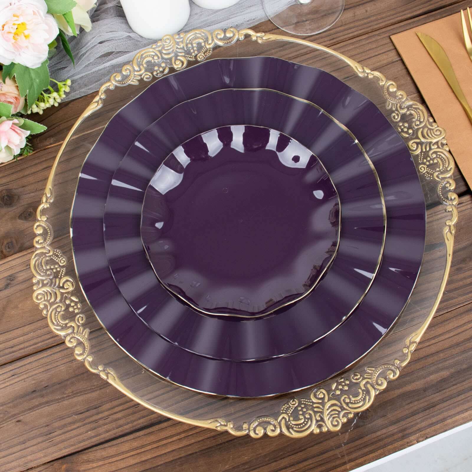 10-Pack Plastic Round 6 Dessert Plates in Purple Ruffled Rim with Gold Edging - Sturdy Disposable Salad Appetizer Dinnerware