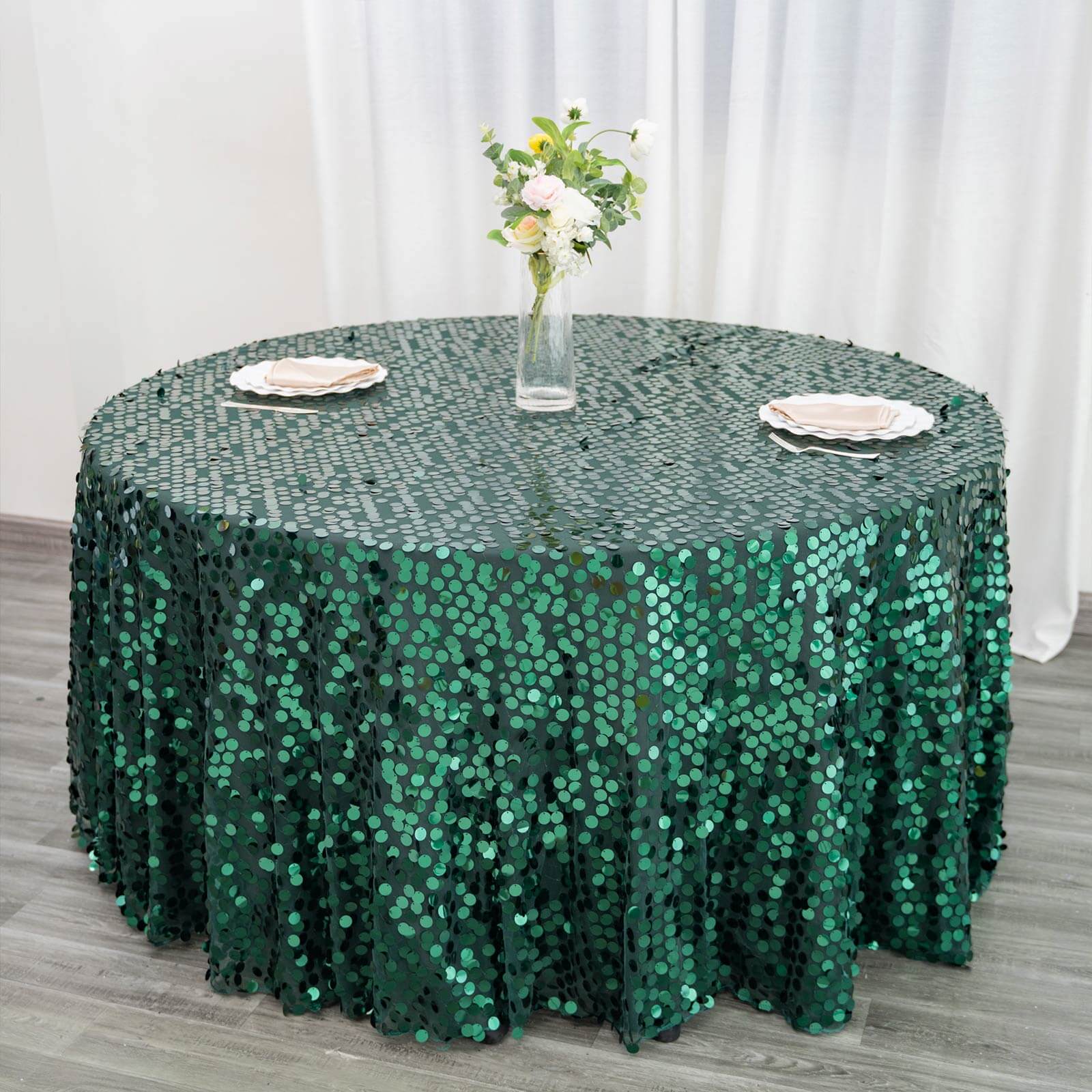 Sequin 120 Round Tablecloth Hunter Emerald Green - Seamless Big Payette Table Cover