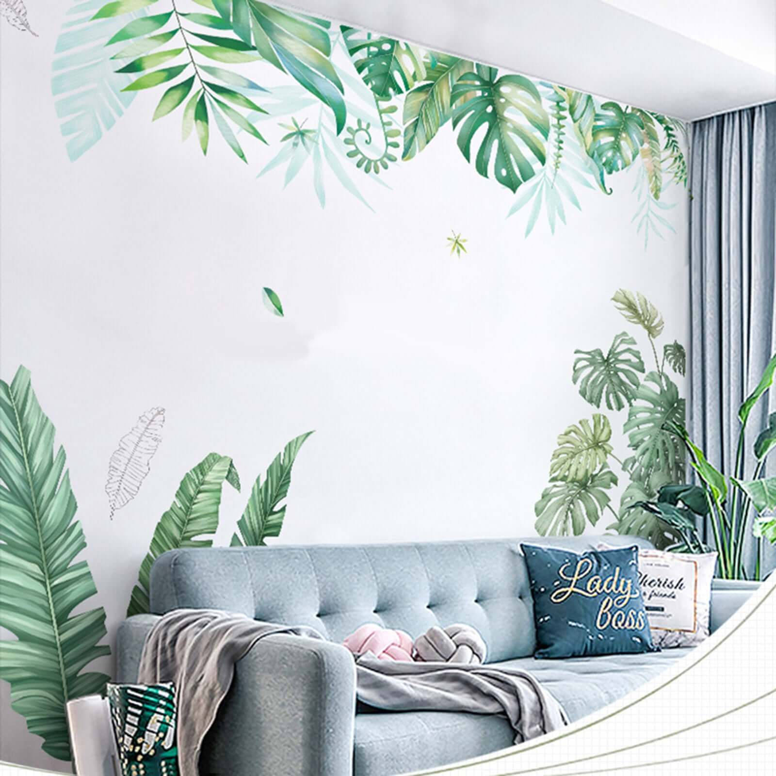 Green Tropical Assorted Hanging Leaves Wall Decals, Plant Peel Removable Stickers