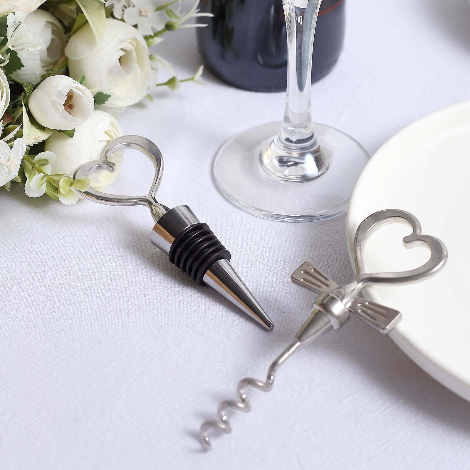 Silver Metal Heart Wine Bottle Opener Cork Stopper Party Favors Souvenir Gift Set, Wedding Favor in Velvet Box - 4.5,5