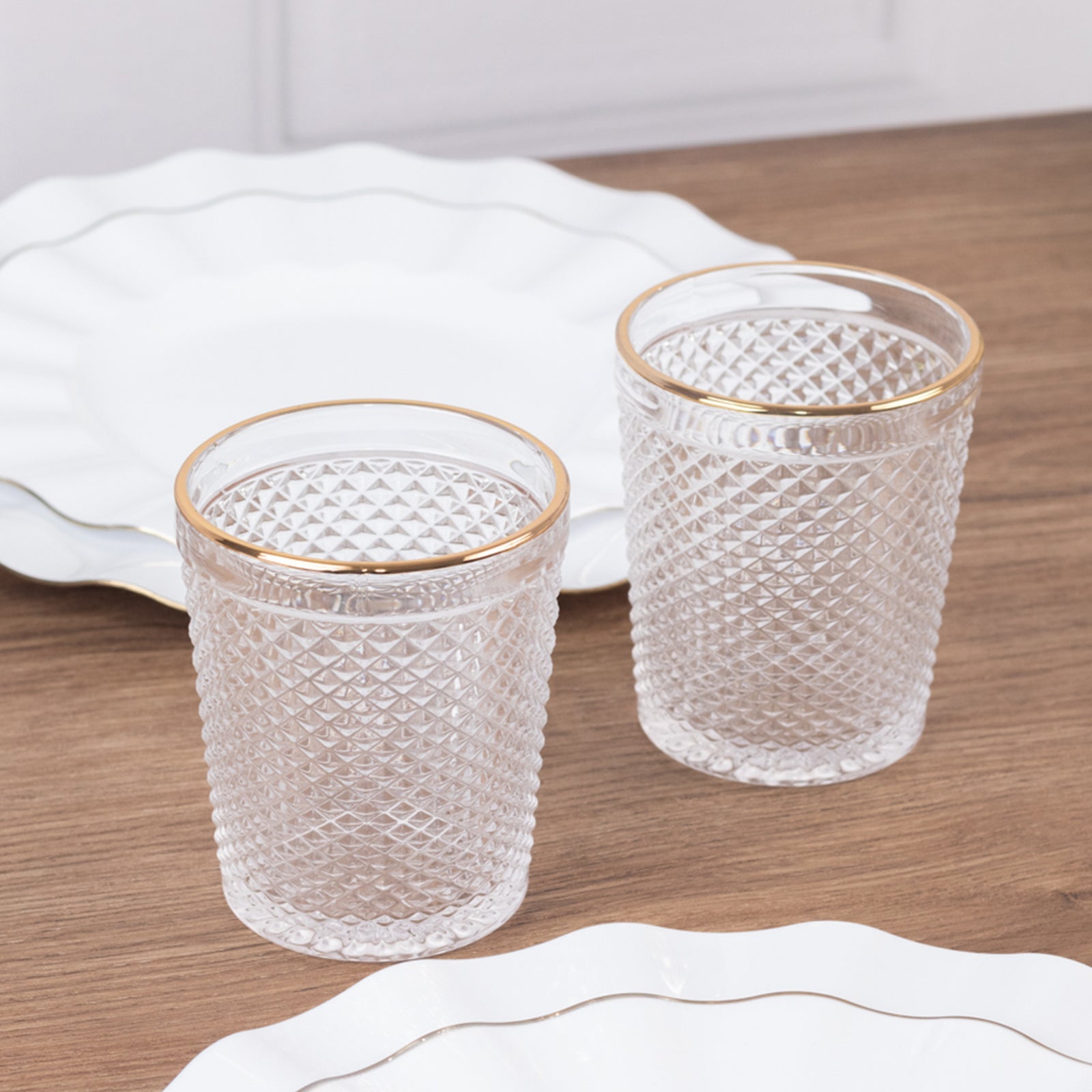 6-Pack Tumbler Glasses Clear Hobnail Design with Gold Rim - Embossed Diamond Pattern Glassware for Drinks & Parties 11oz 4