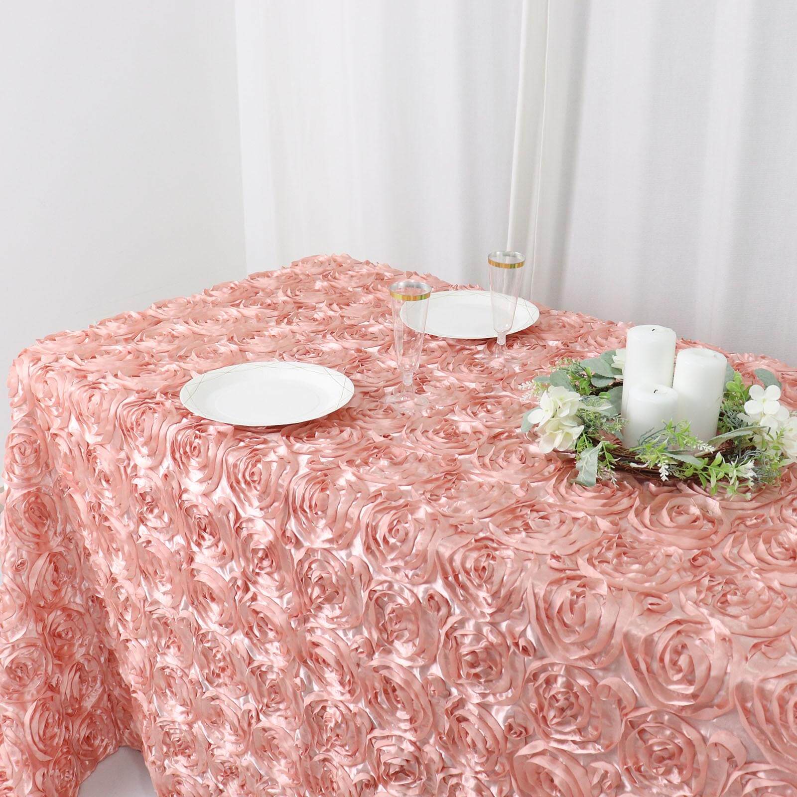 Satin 90x132 Rectangle Tablecloth Dusty Rose - Grandiose 3D Rosette Seamless Table Cover