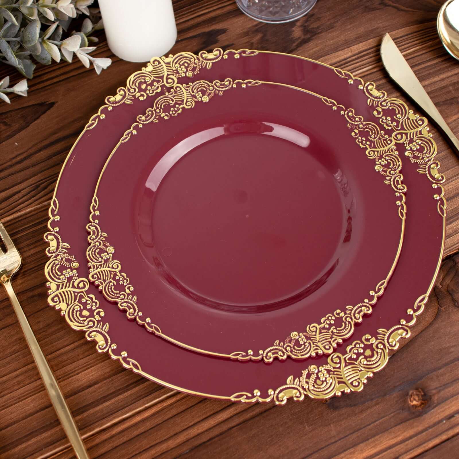 10-Pack Plastic 8 Round Dessert Plates in Burgundy with Gold Leaf Embossed Rim - Disposable Vintage Baroque Style Salad Plates for Luxurious Gatherings & Events