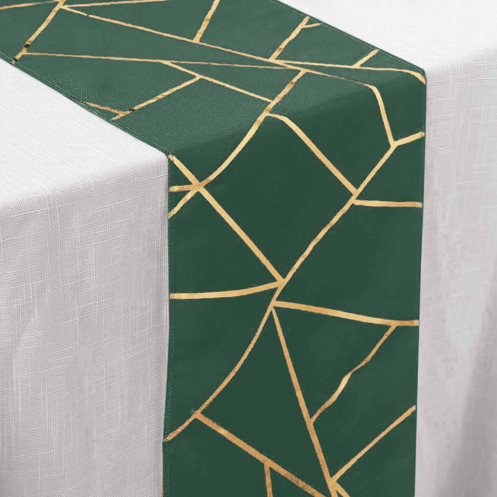 Polyester 9ft Table Runner Hunter Emerald Green with Gold Foil Modern Geometric Accent