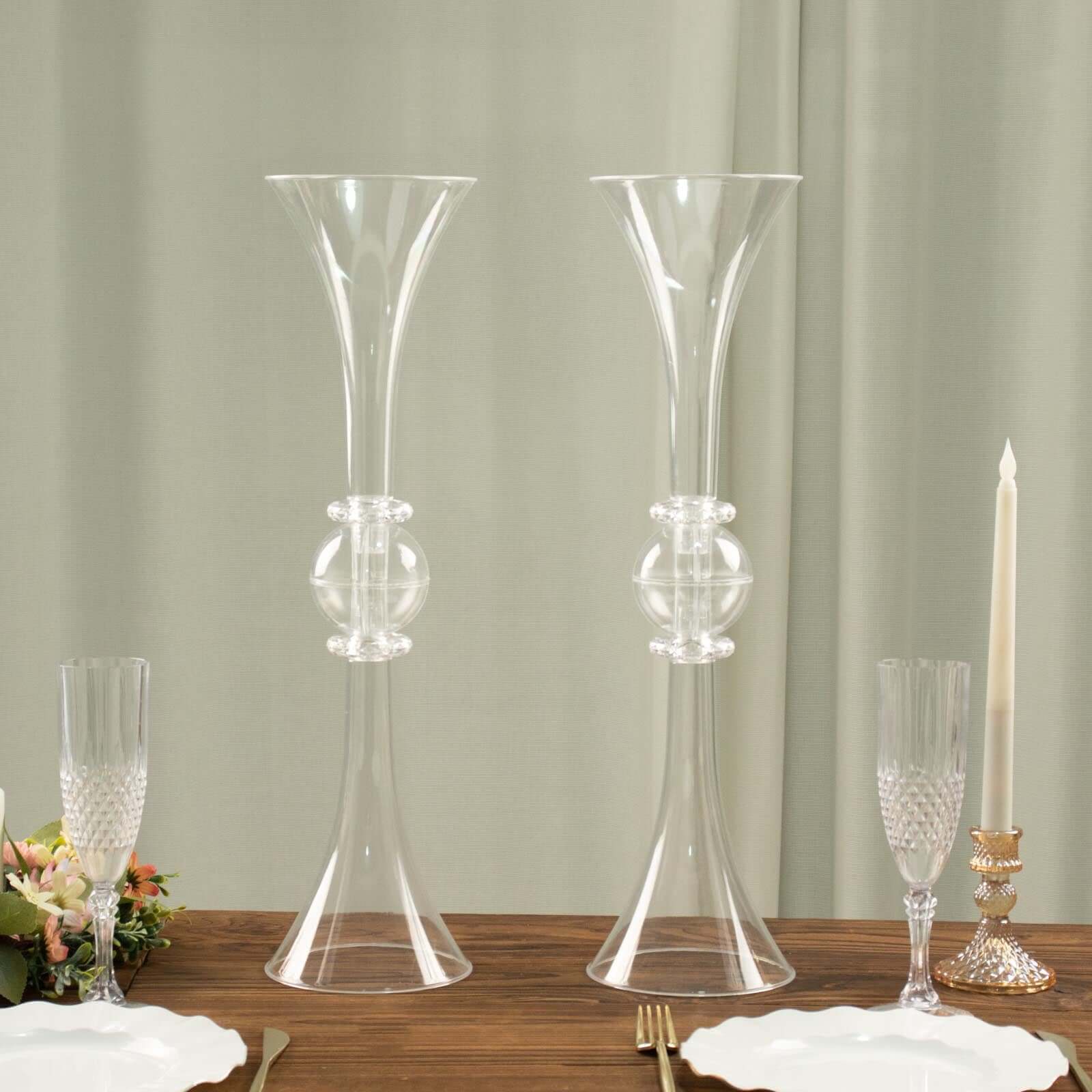 2-Pack Flower Vases Trumpet Design with Crystal Embellishments Clear - Reversible Plastic Table Centerpieces 21