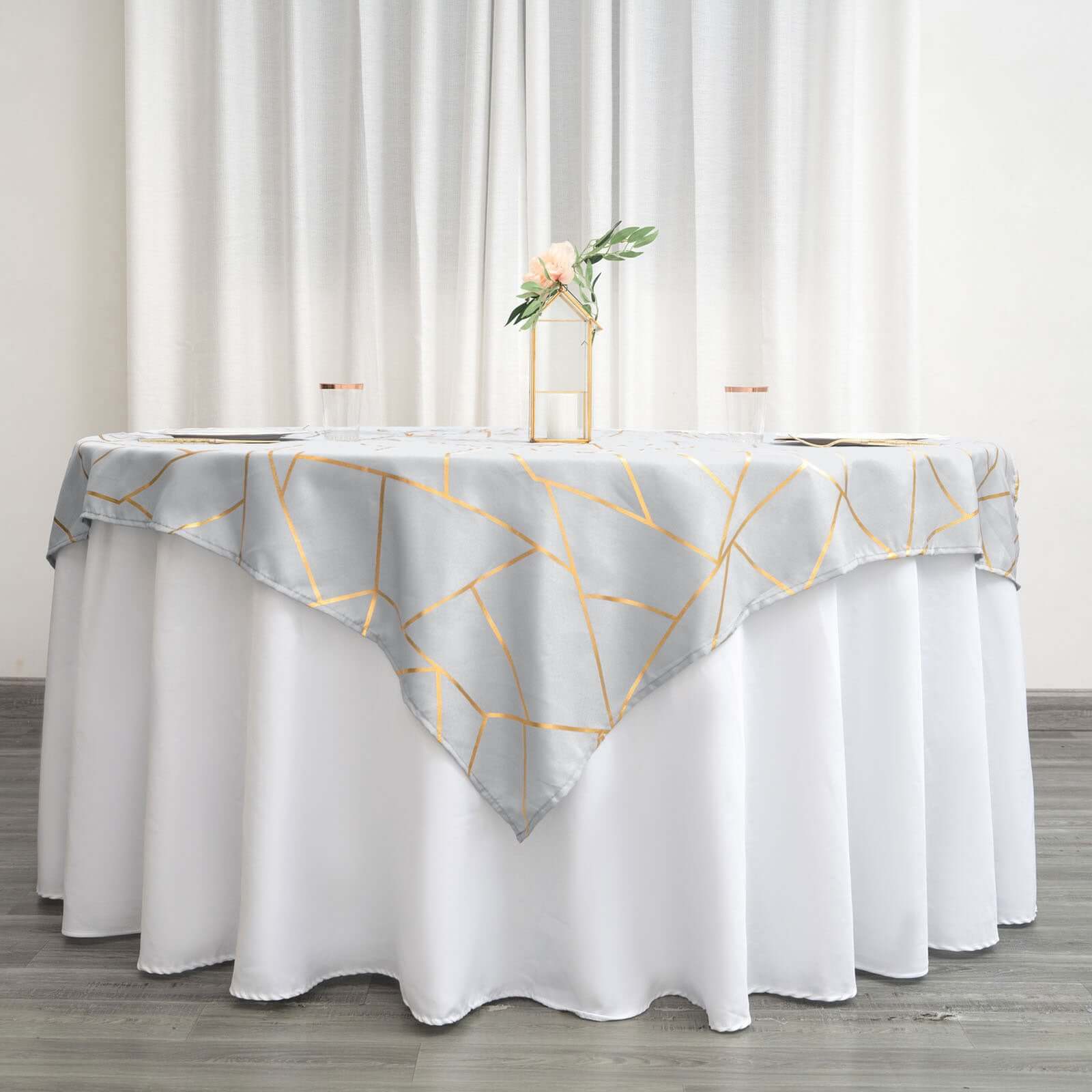 Polyester 54x54 Table Overlay Square Tablecloth Silver with Gold Foil Geometric Pattern - Wrinkle-Resistant & Durable for Stylish Settings