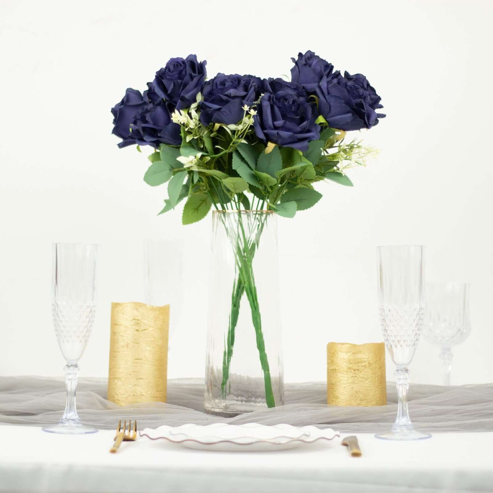 2 Bushes 18 Real Touch Navy Blue Artificial Rose Flower Bouquet, Silk Long Stem Flower Arrangements