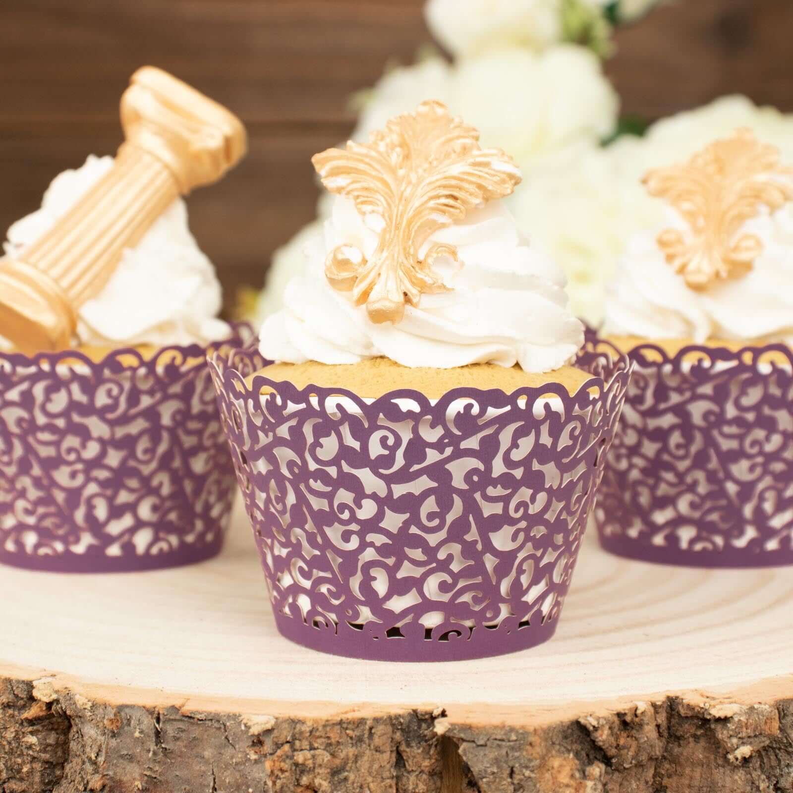 25-Pack Paper Cupcake Wrappers Lace Laser Cut Design Purple - Muffin Baking Cup Trays for Events