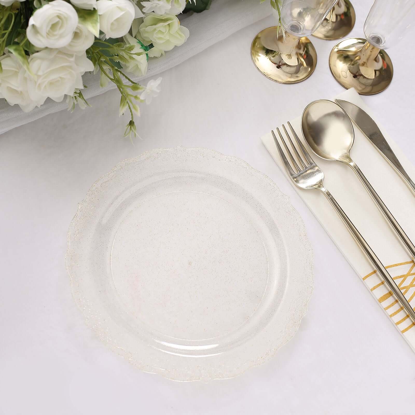 12-Pack Plastic 7 Round Salad Plates in Clear Gold Glittered with Floral Rim Scalloped Edges - Disposable Appetizer Salad Plates for Special Occasions & Banquets