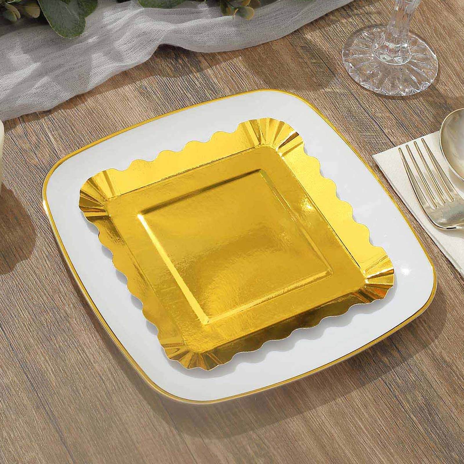 50-Pack Paper 5 Square Dessert Plates in Gold Foil with Scalloped Rim - Disposable Appetizer Plates for for Glam Gatherings & Special Occasions