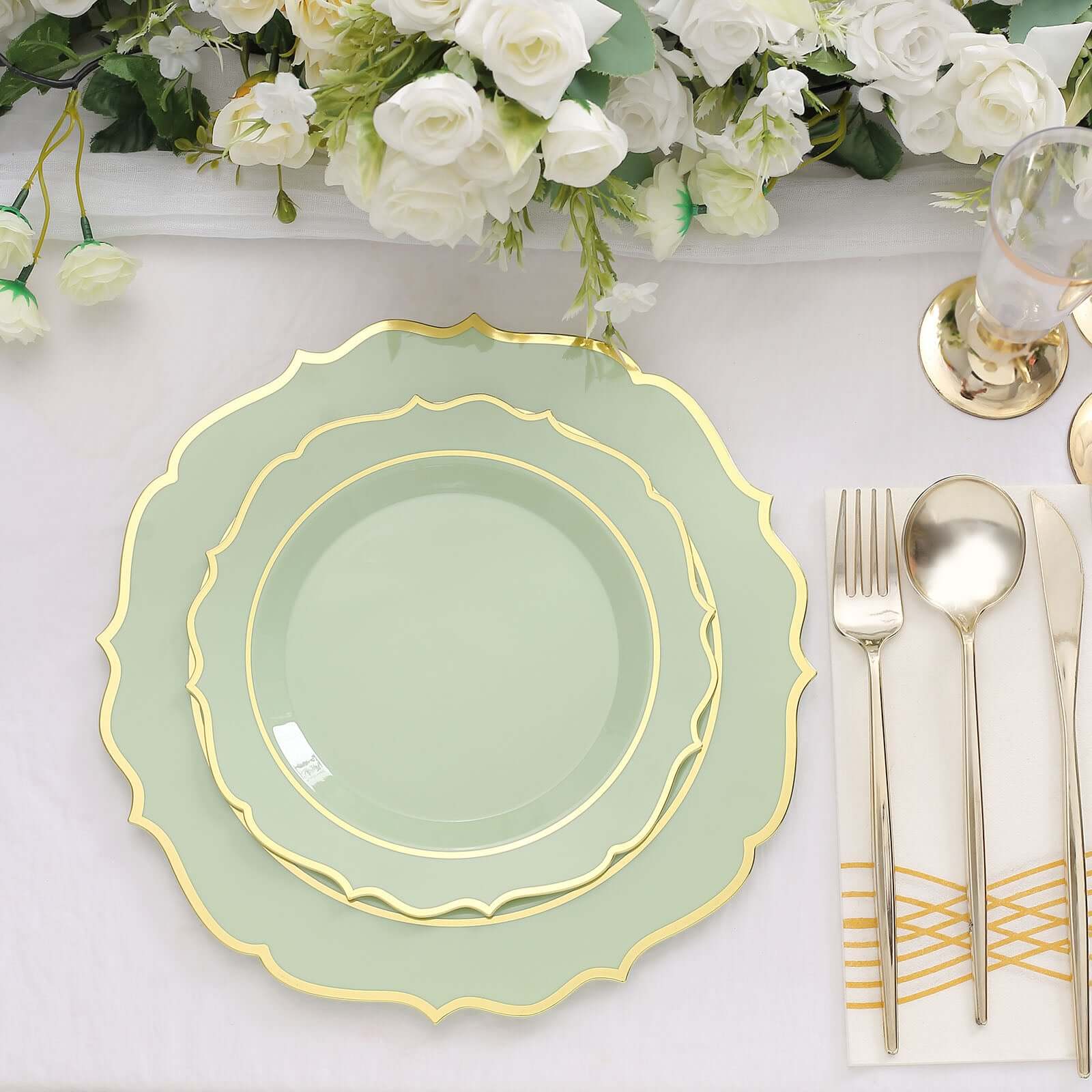 10-Pack Plastic 10 Round Dinner Plates in Sage Green with Gold Scalloped Rim - Disposable Party Plates