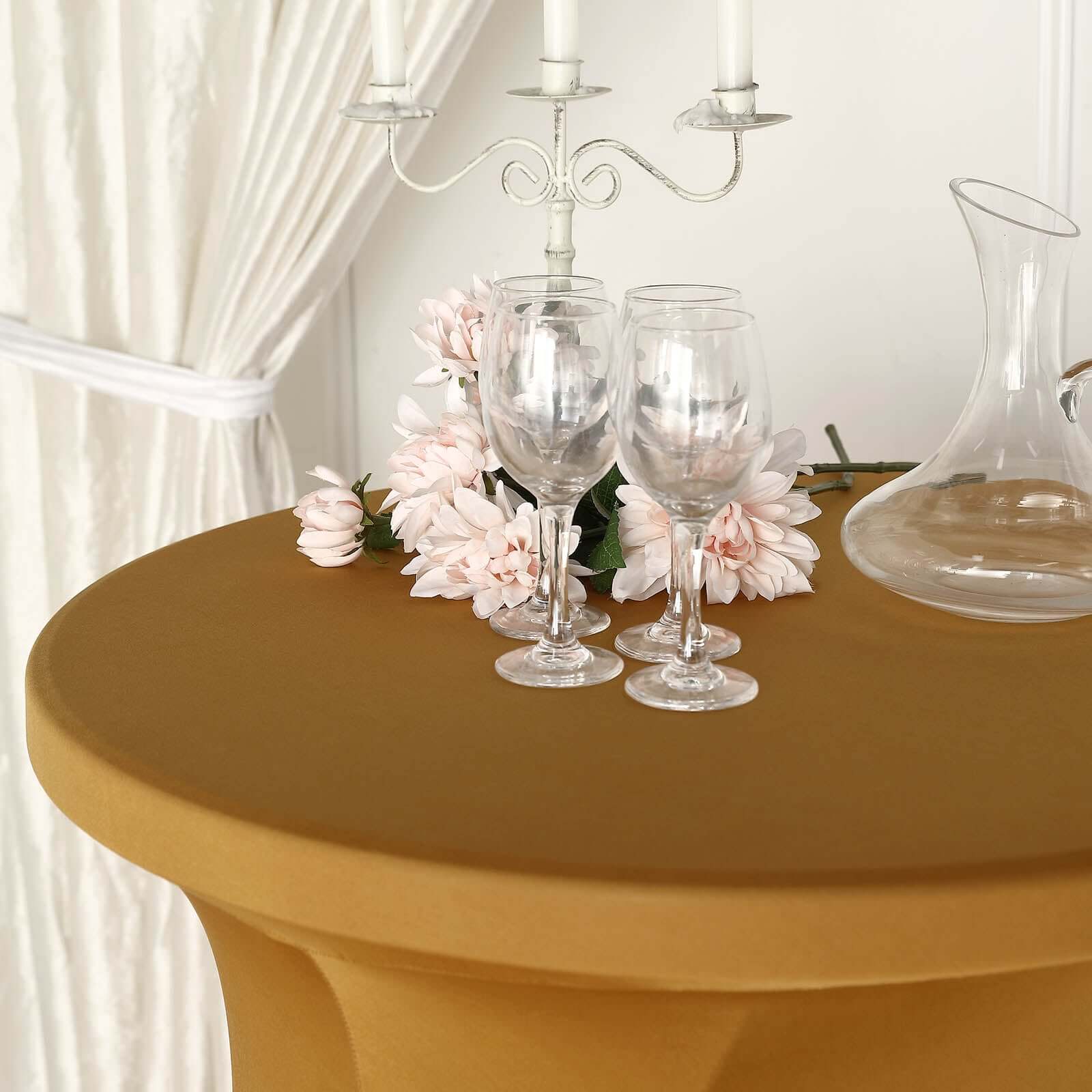 Spandex 32 Round Cocktail Table Cover Skirt Gold With Natural Wavy Drapes - Stylish & Sophisticated Event Decor