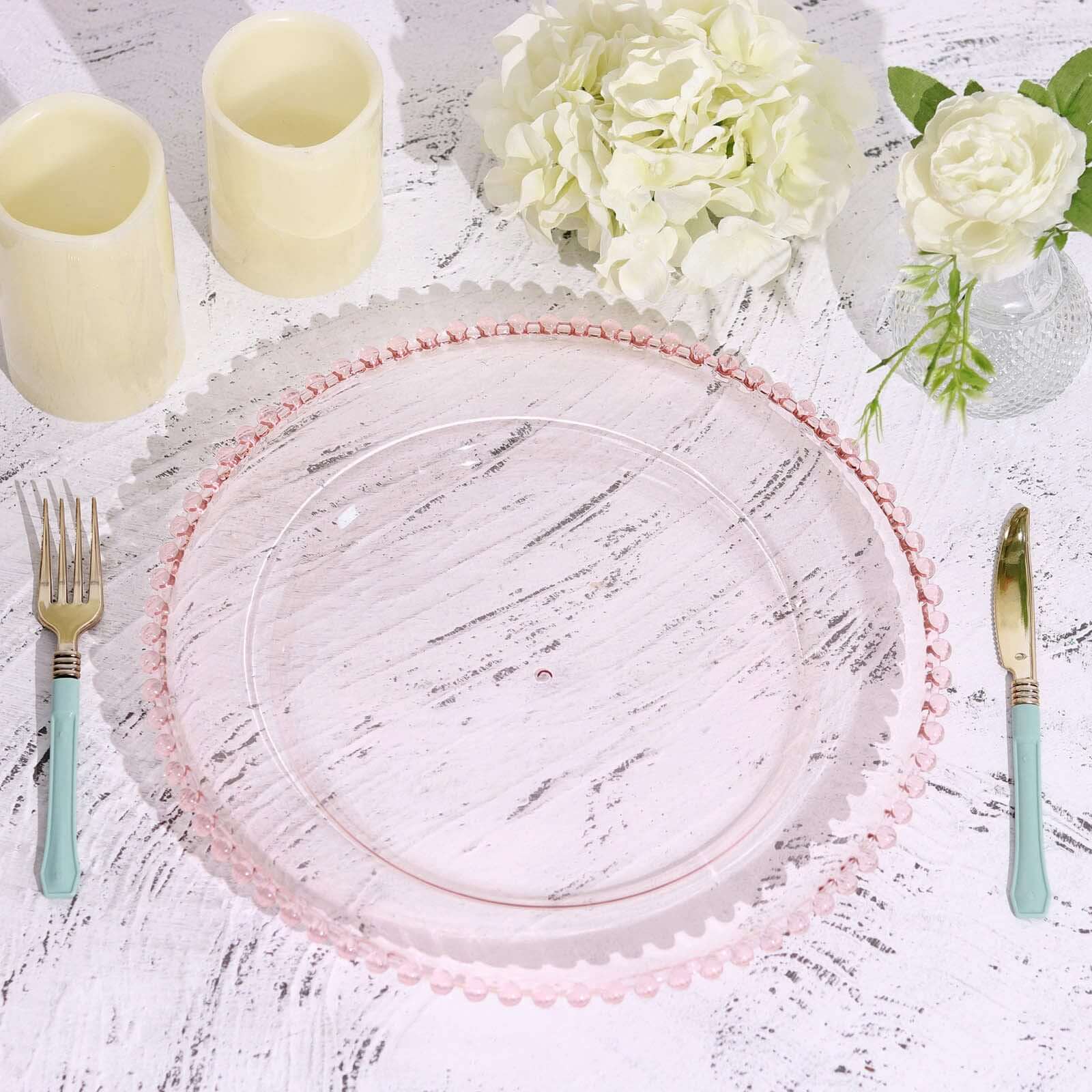 6-Pack Acrylic Round Charger Plates 13 in Transparent Blush with Beaded Rim, Decorative Dinner Party Serving Plates