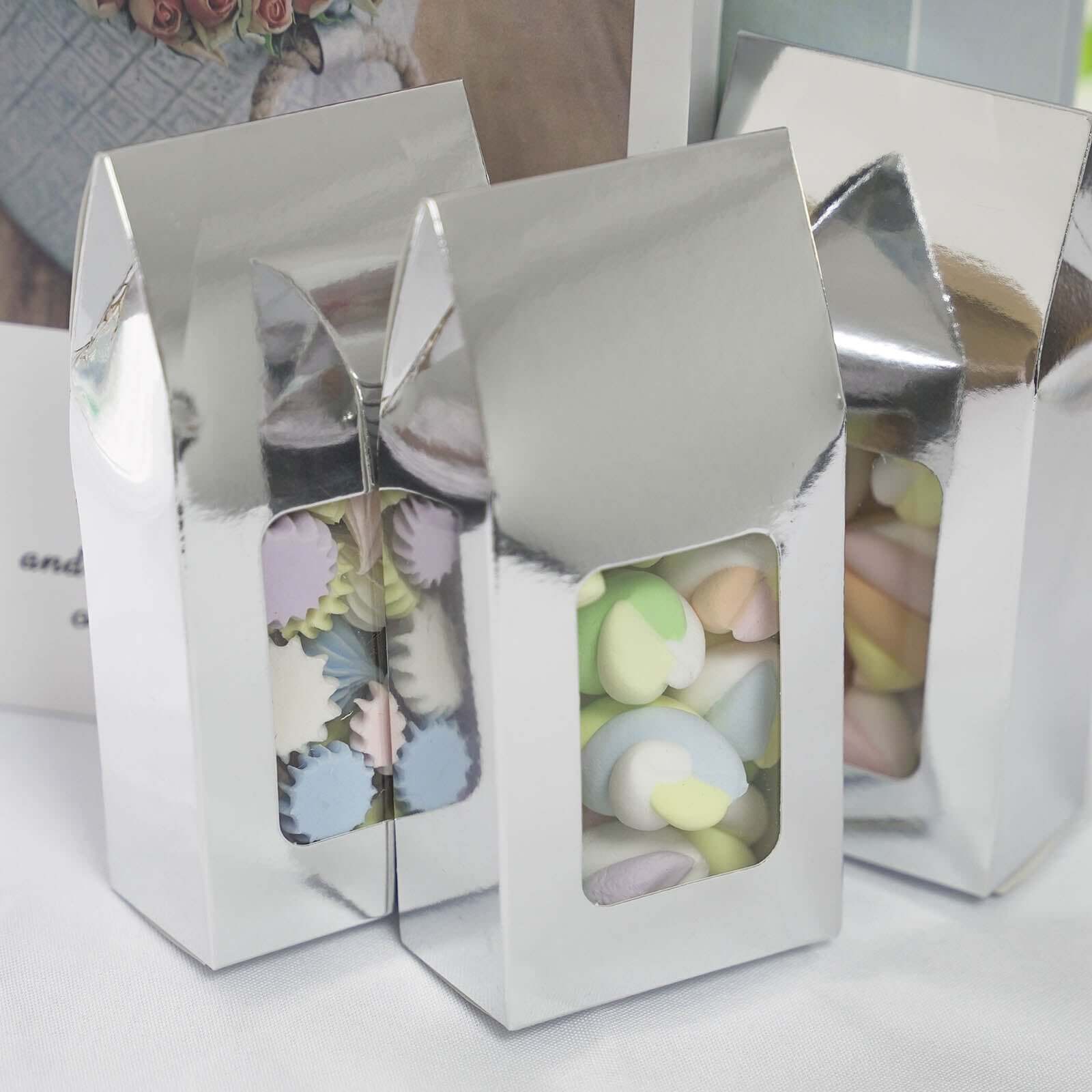 25 Pack Silver Tote With Window Party Favor Candy Gift Boxes 2.75 X 1.5 X 6