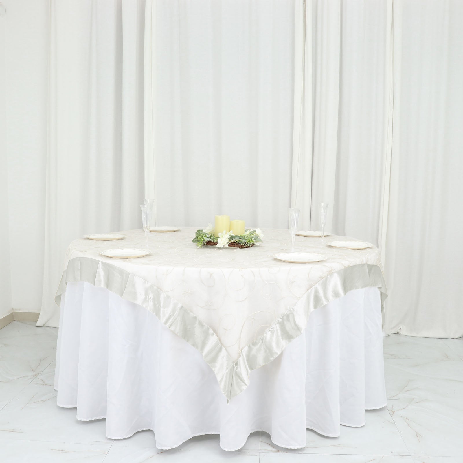 60x60 Ivory Embroidered Sheer Organza Square Table Overlay With Satin Edge