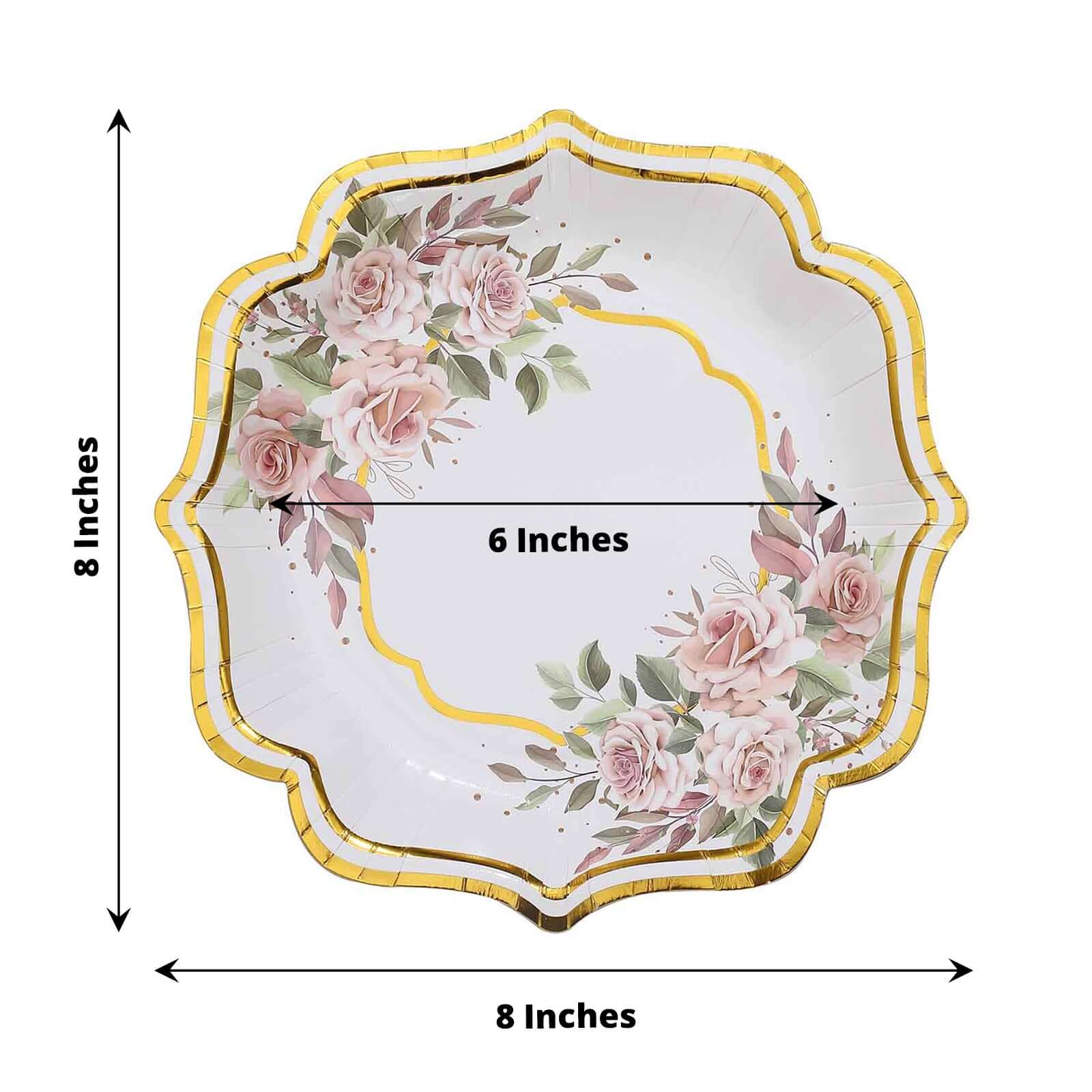 25-Pack Paper 8 Dessert Plates in White with Floral Print & Gold Scallop Rim - Disposable 300GSM Appetizer Salad Plates for Cocktail Events & Receptions