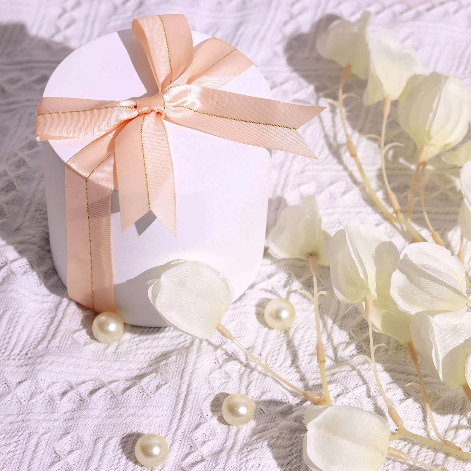 50 PCs 10 Blush Pre Tied Ribbon Bows, Satin Ribbon With Gold Foil Lining For Gift Basket and Party Favors Decor