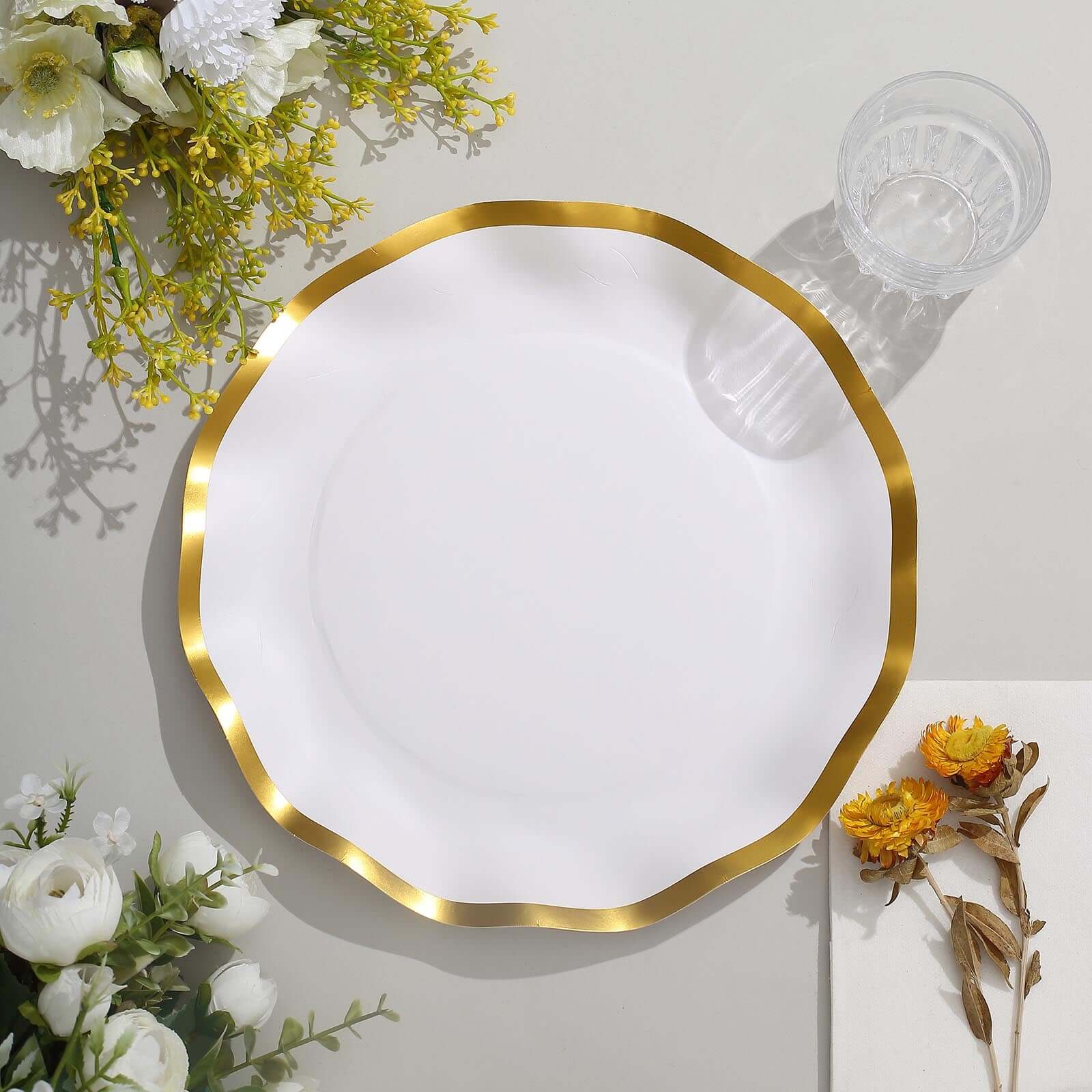 25-Pack Paper Round Dinner Plates 10 Matte White with Gold Wavy Rim - Disposable 350GSM Party Plates for Banquets & Upscale Gatherings