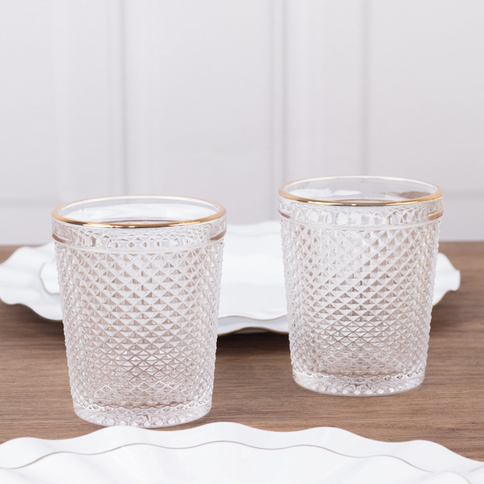 6-Pack Tumbler Glasses Clear Hobnail Design with Gold Rim - Embossed Diamond Pattern Glassware for Drinks & Parties 11oz 4