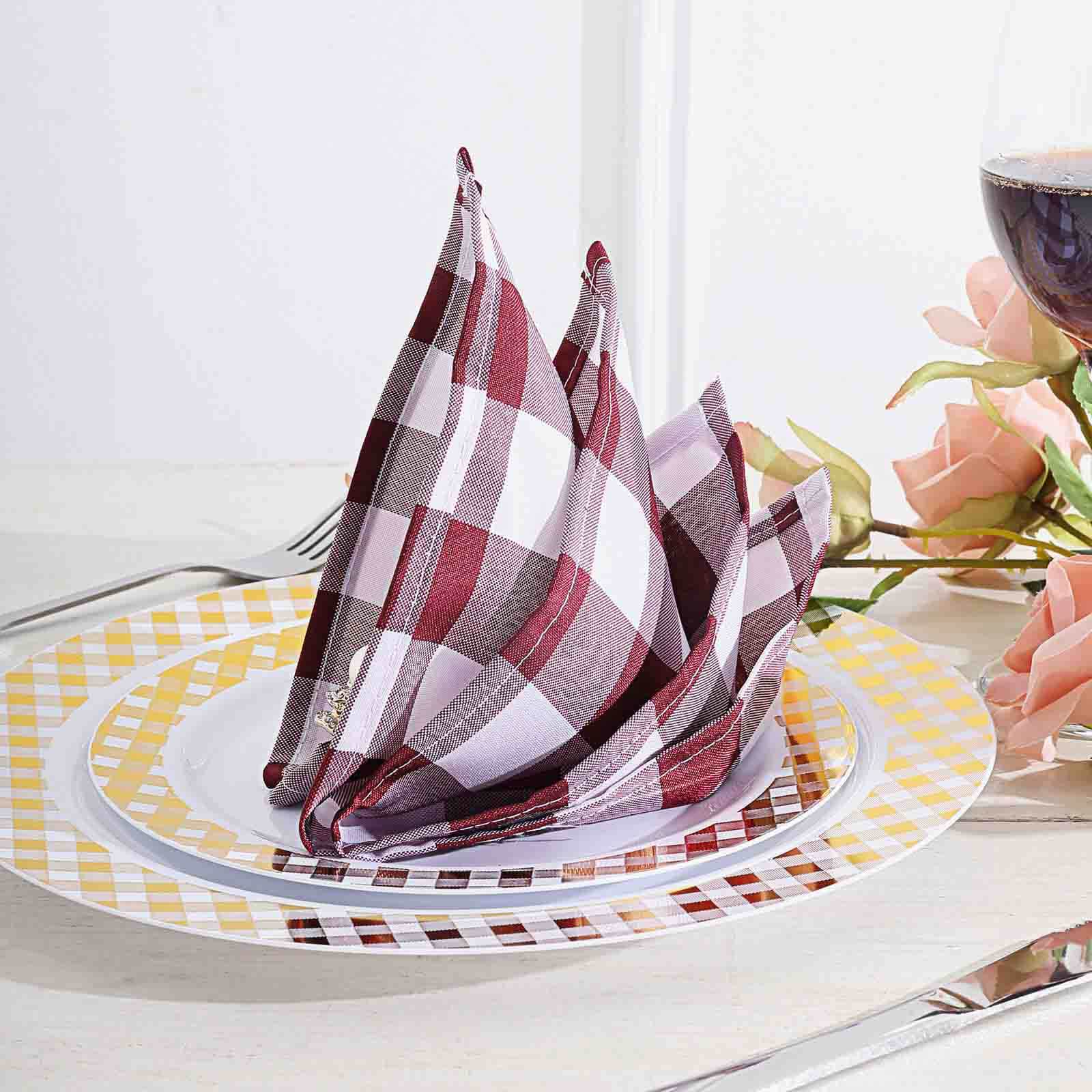 5 Pack Polyester 15x15 Napkins Burgundy/White Buffalo Plaid Gingham Style Cloth Napkins